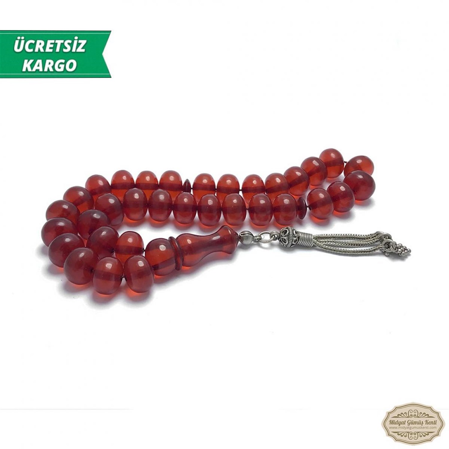Kızıl Renkte Tekerlek Kesim Sıkma Kehribar Tesbih