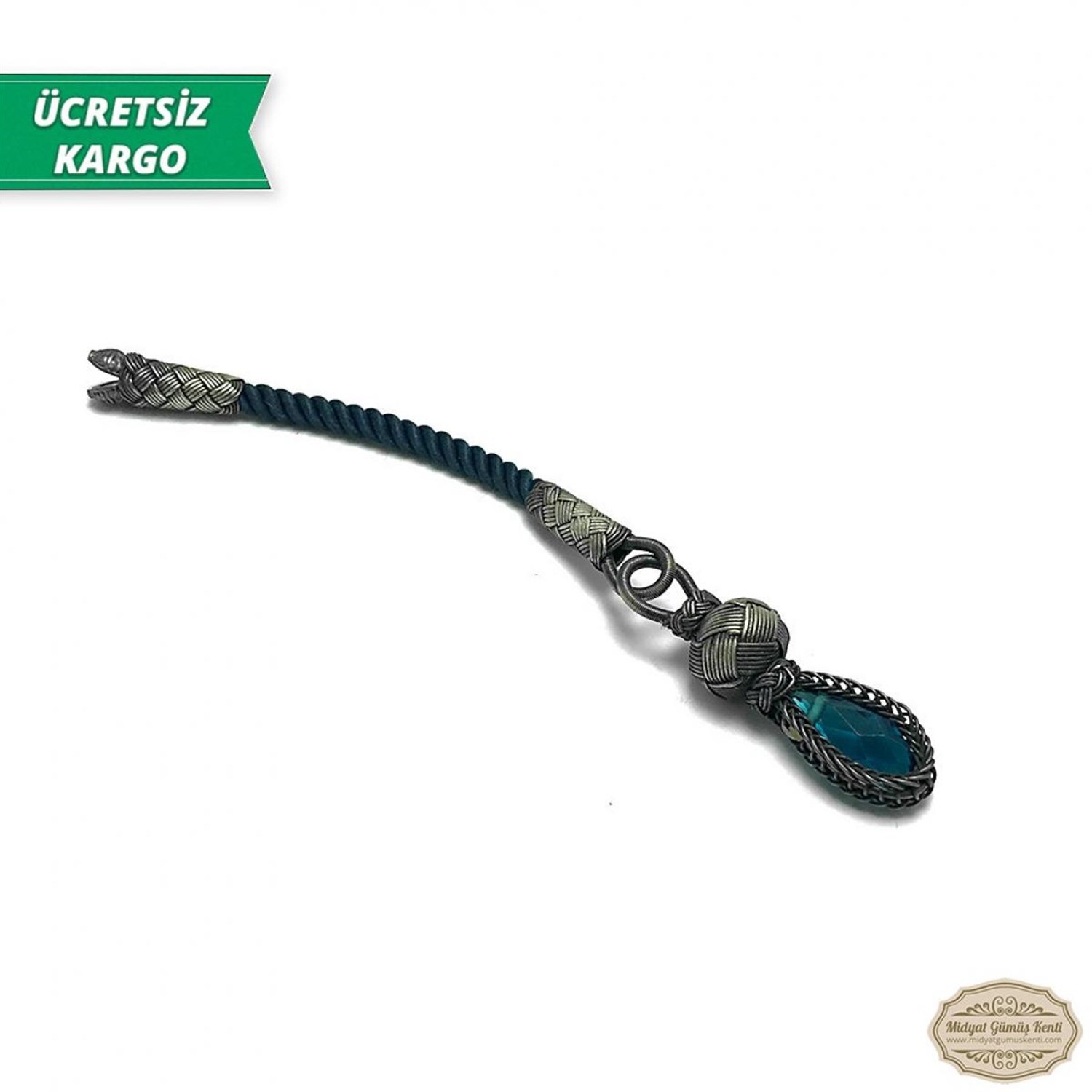 Kök Safir Taşlı 1000 Ayar Kazaziye Gümüş Tespih Püskülü
