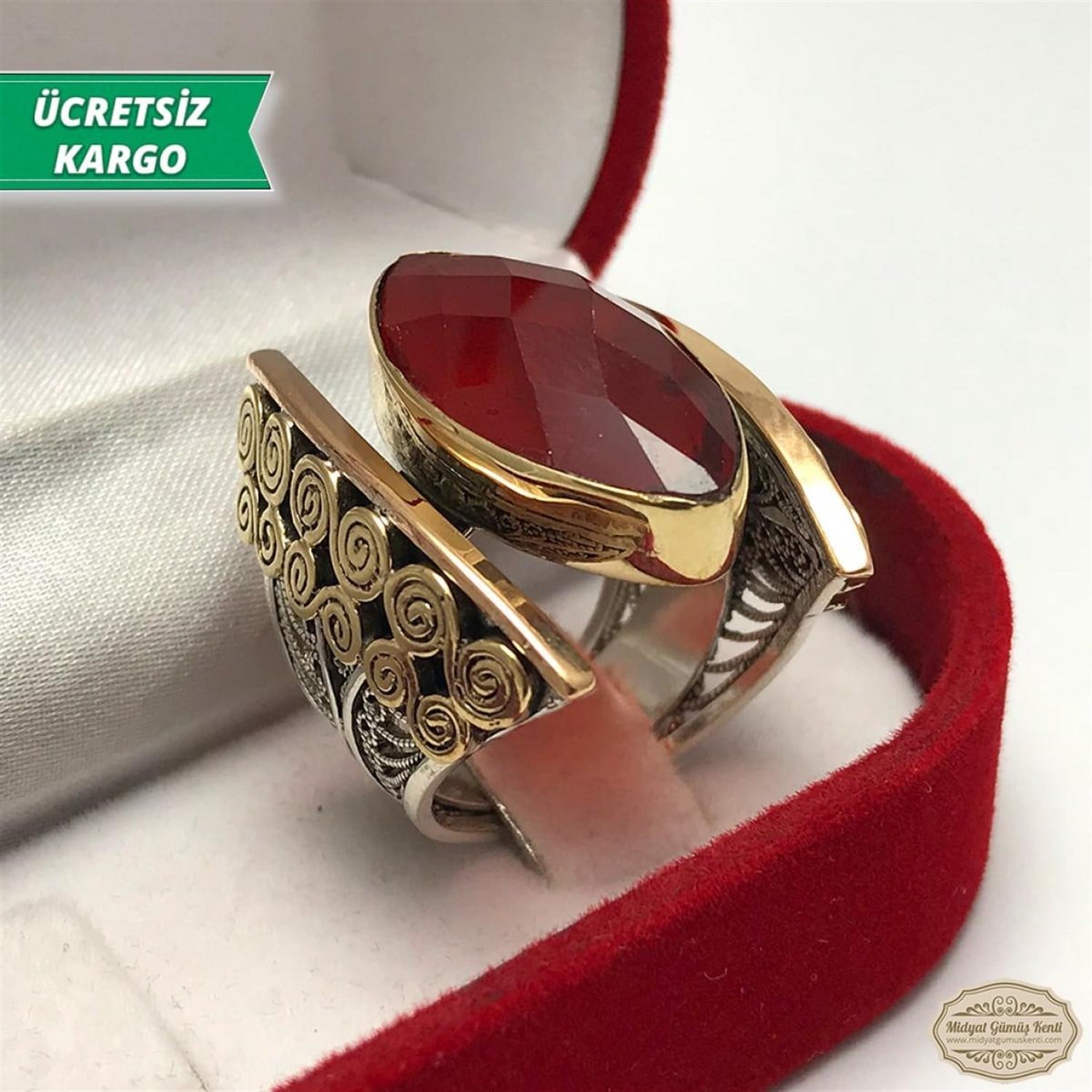 Kök Yakut Taşlı Kayık Model Midyat Telkari Bayan Gümüş Yüzük