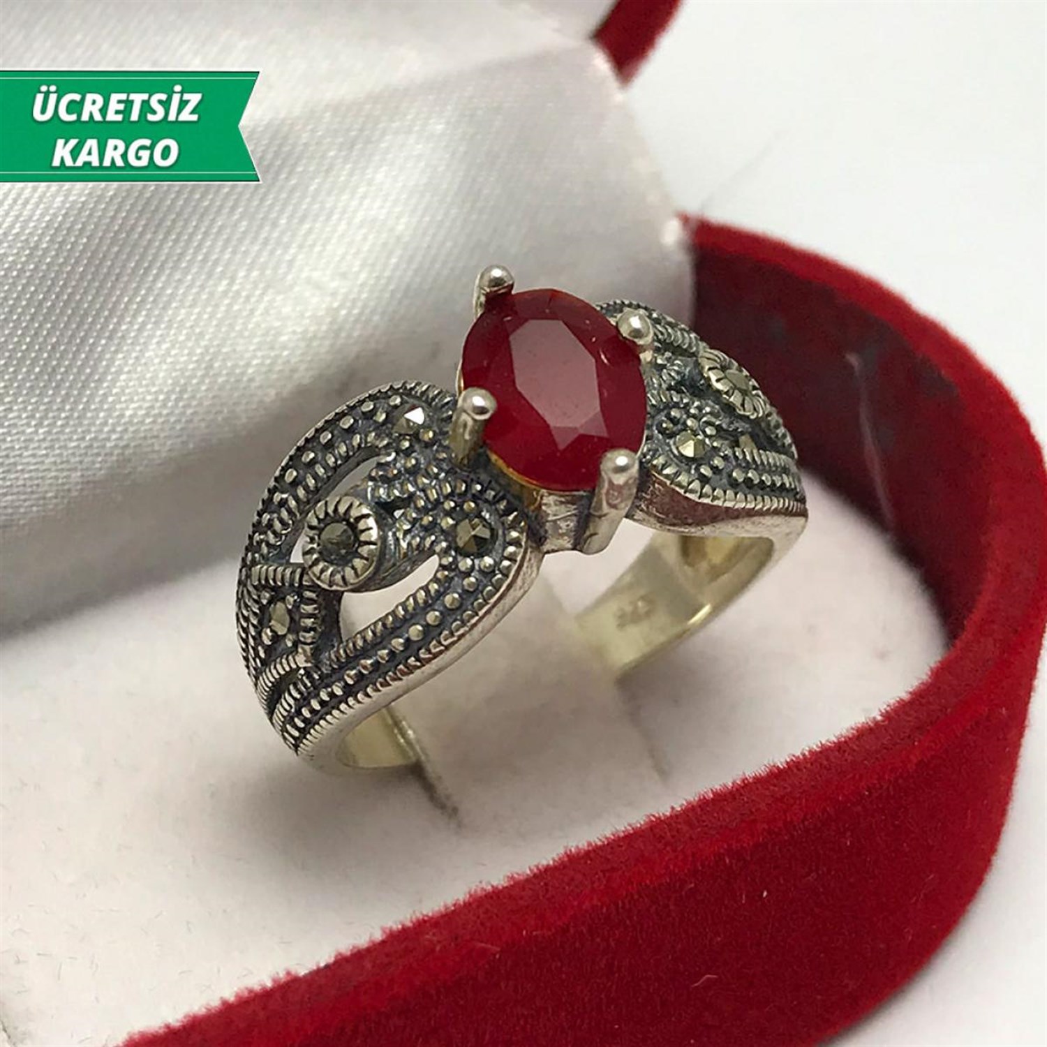 Kök Yakut Taşlı Markazit Bayan Gümüş Yüzük