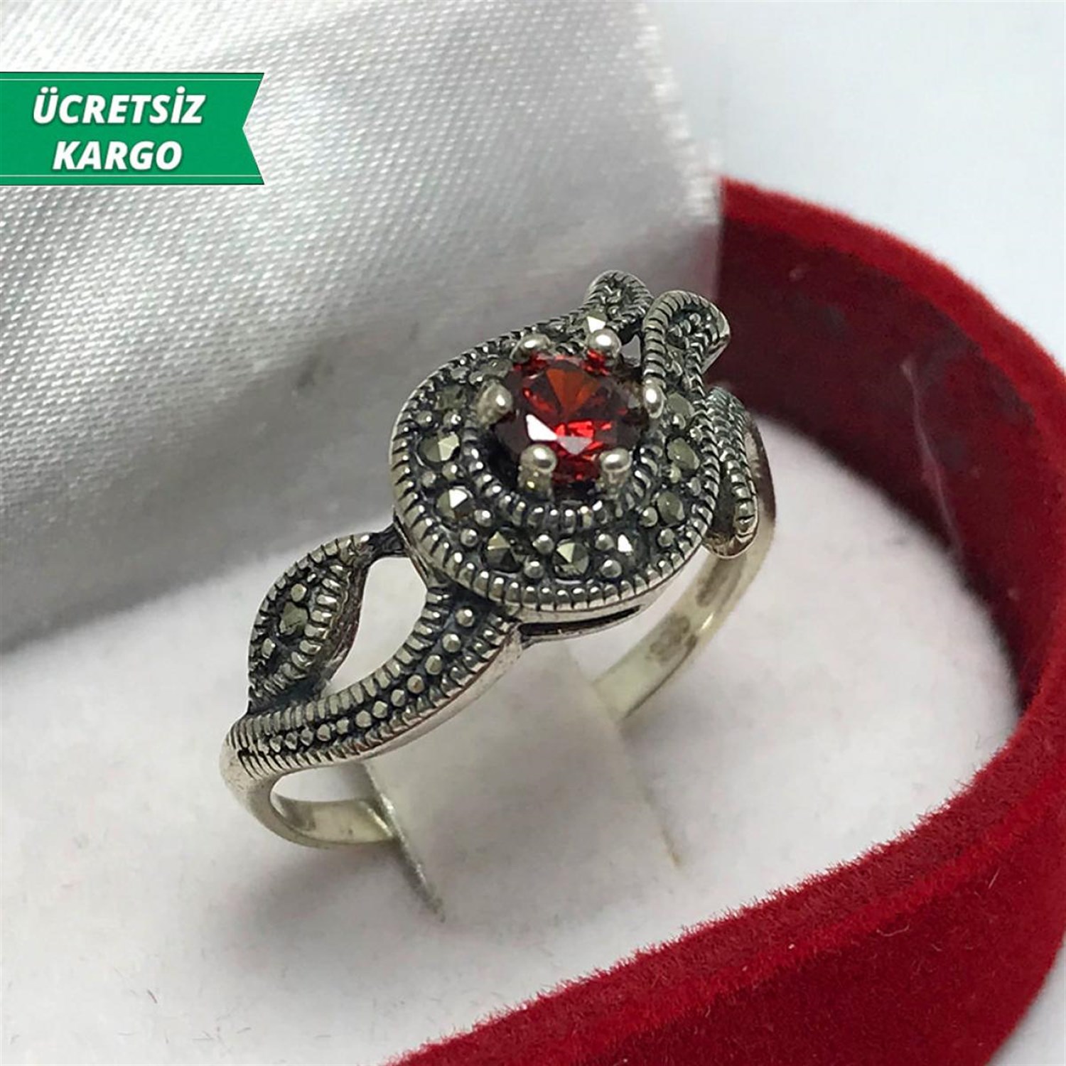 Kök Yakut Taşlı Markazit Bayan Gümüş Yüzük