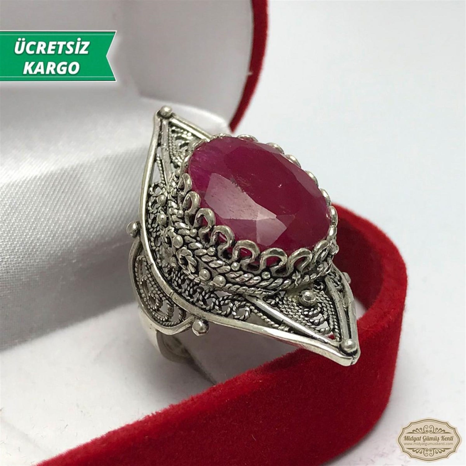 Kök Yakut Taşlı Midyat Telkari Bayan Gümüş Yüzük