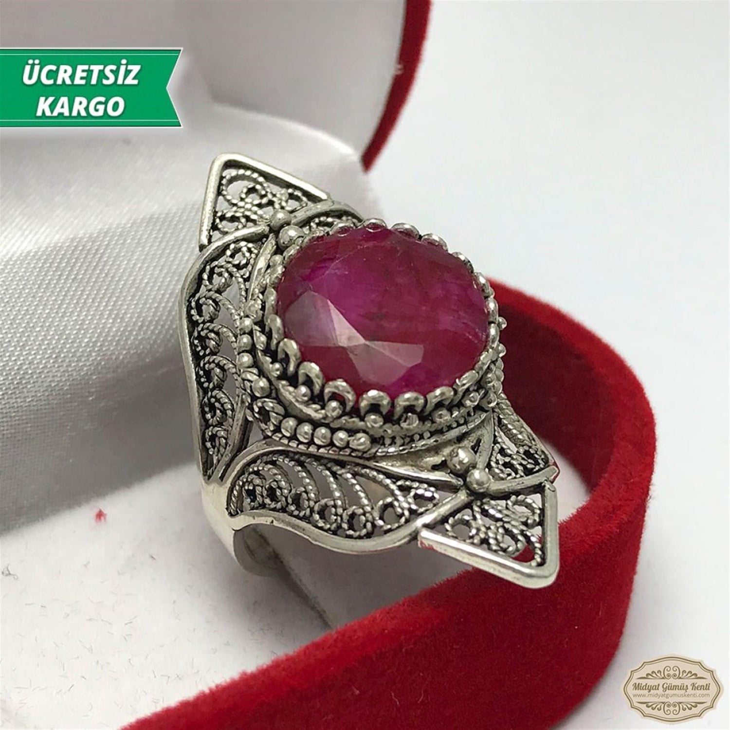 Kök Yakut Taşlı Midyat Telkari Bayan Gümüş Yüzük