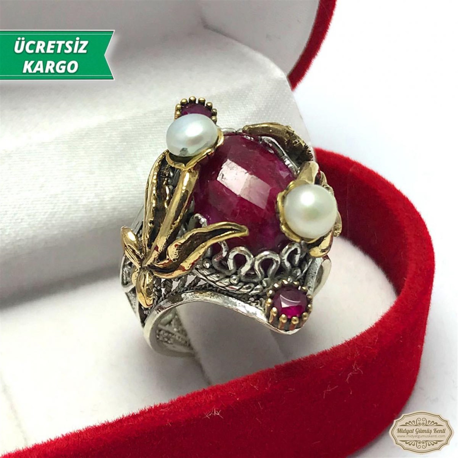 Kök Yakut Taşlı Midyat Telkari Bayan Gümüş Yüzük