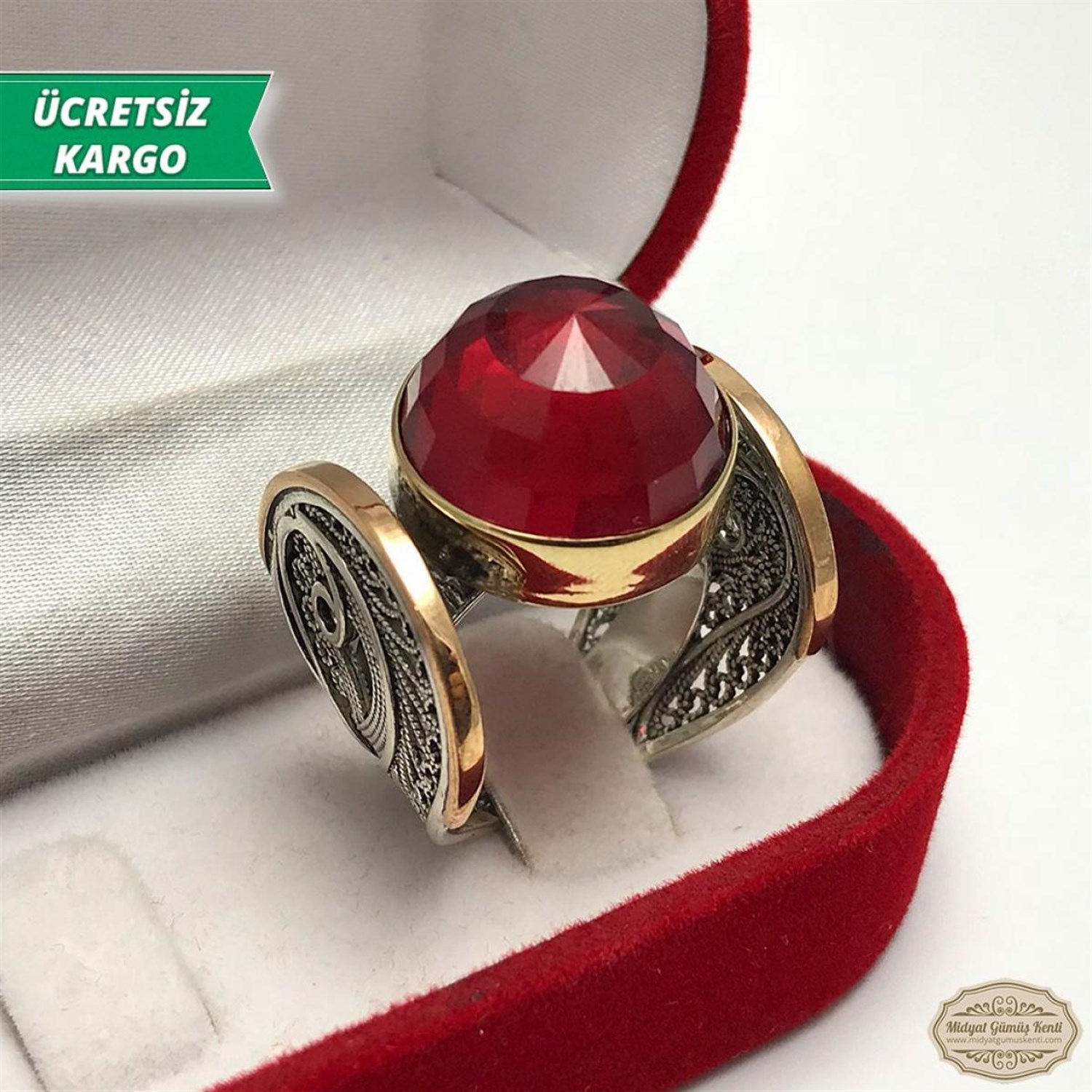 Kök Yakut Taşlı Midyat Telkari Bayan Gümüş Yüzük