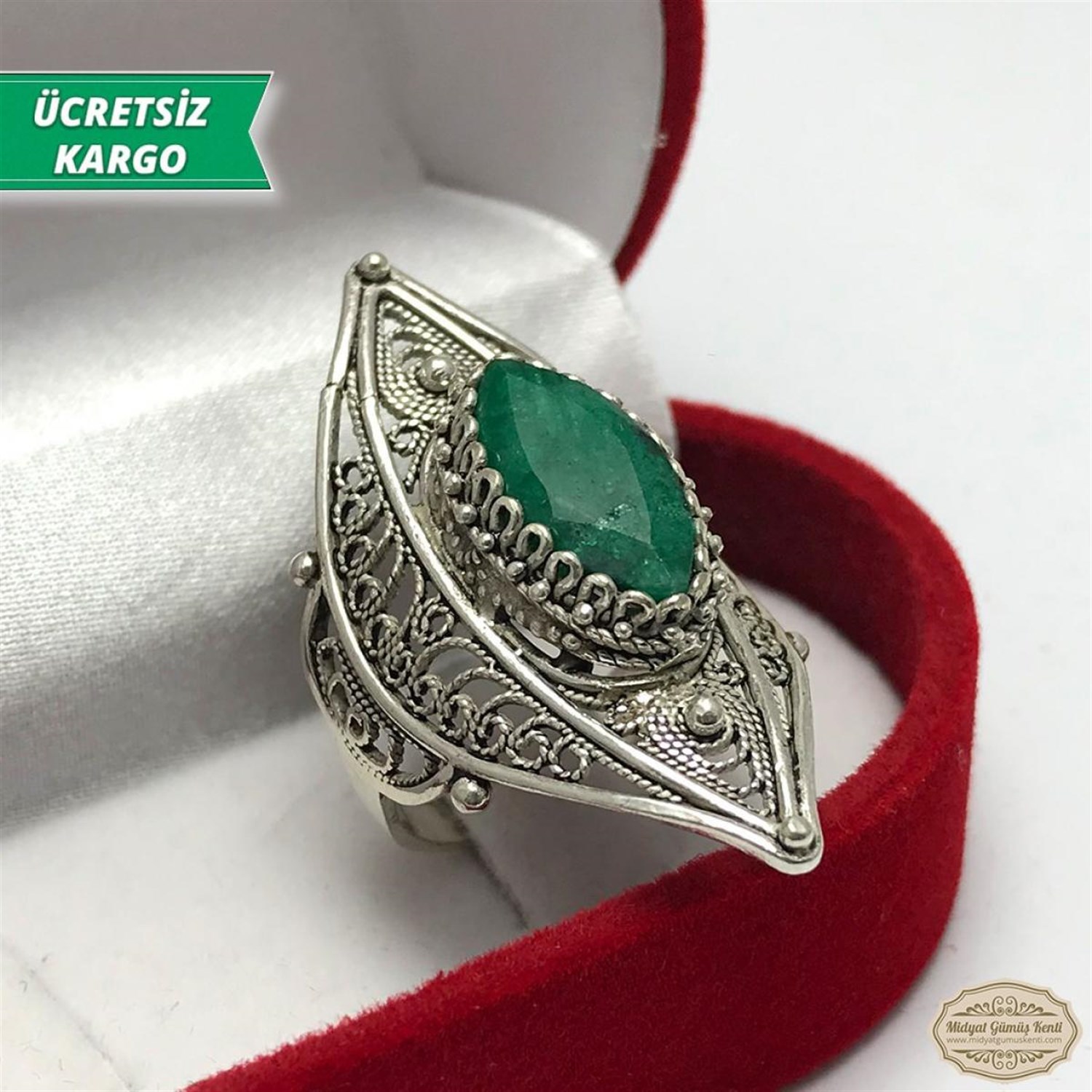 Kök Zümrüt Taşlı Midyat Telkari Bayan Gümüş Yüzük