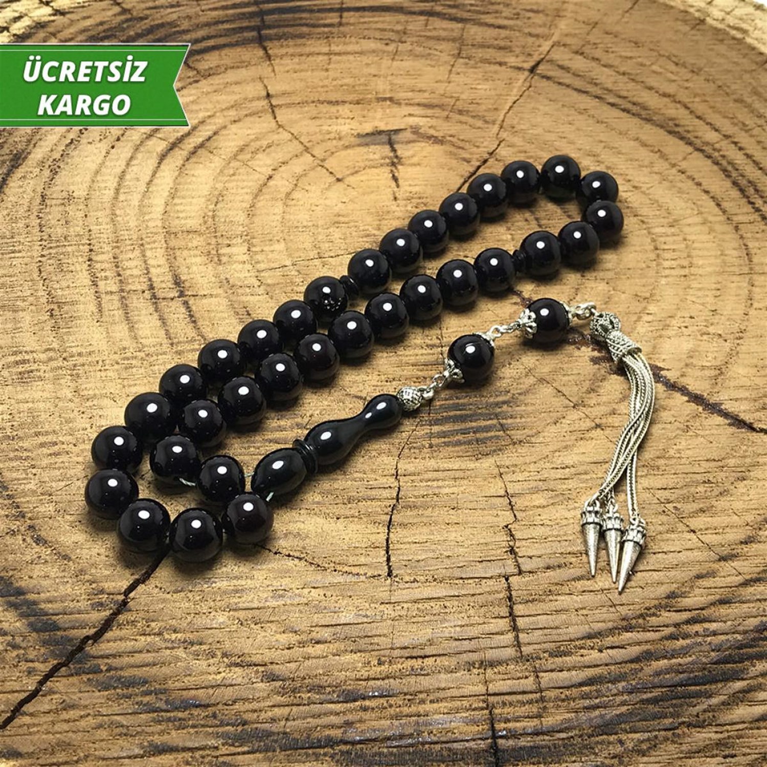 Küre Kesim Siyah Renkte Sürmeli Sıkma Kehribar Tesbih 