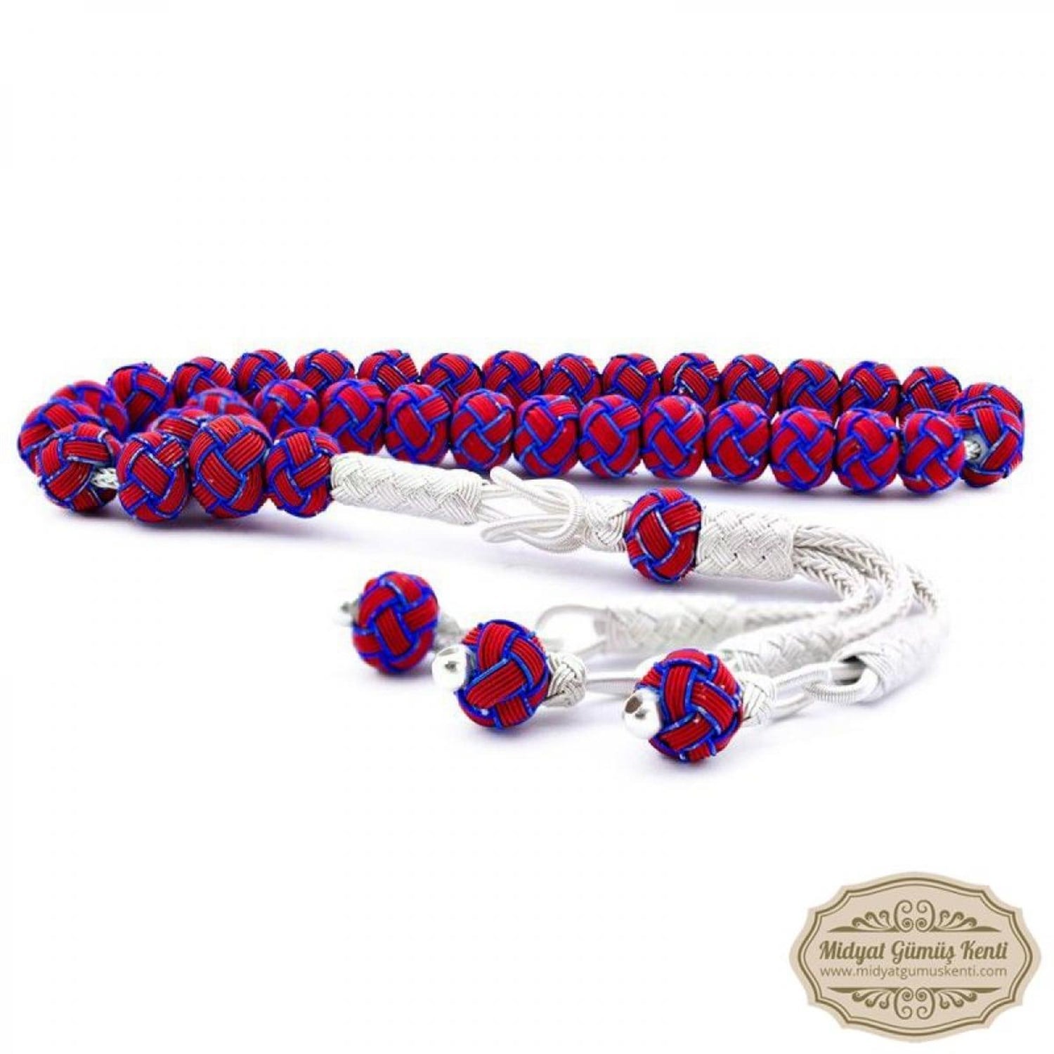 Lacivert Kırmızı Model 1000 Ayar El Örmesi Kazaziye Gümüş Tesbih