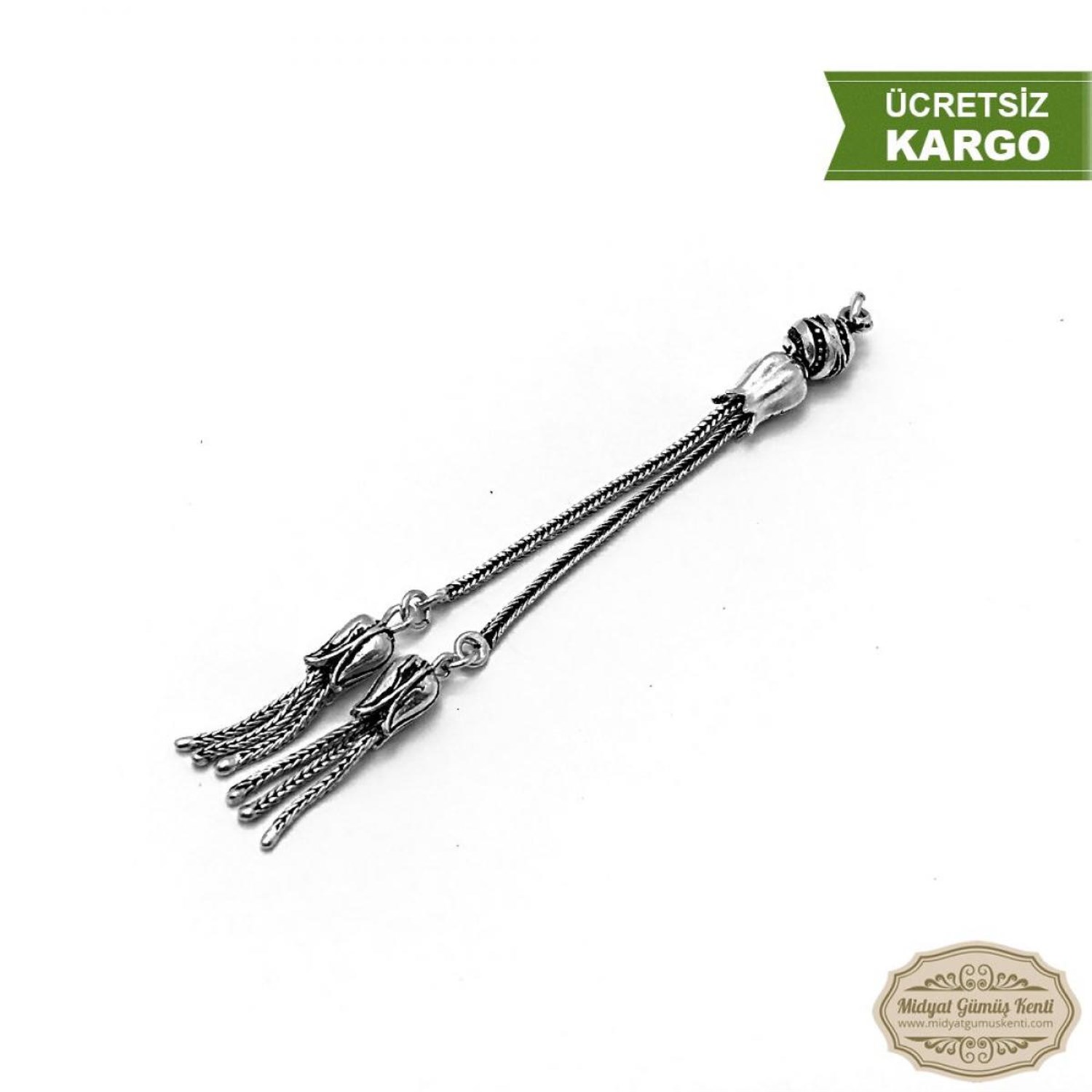 Lale işlemeli 925 Ayar Gümüş Tesbih Püskülü