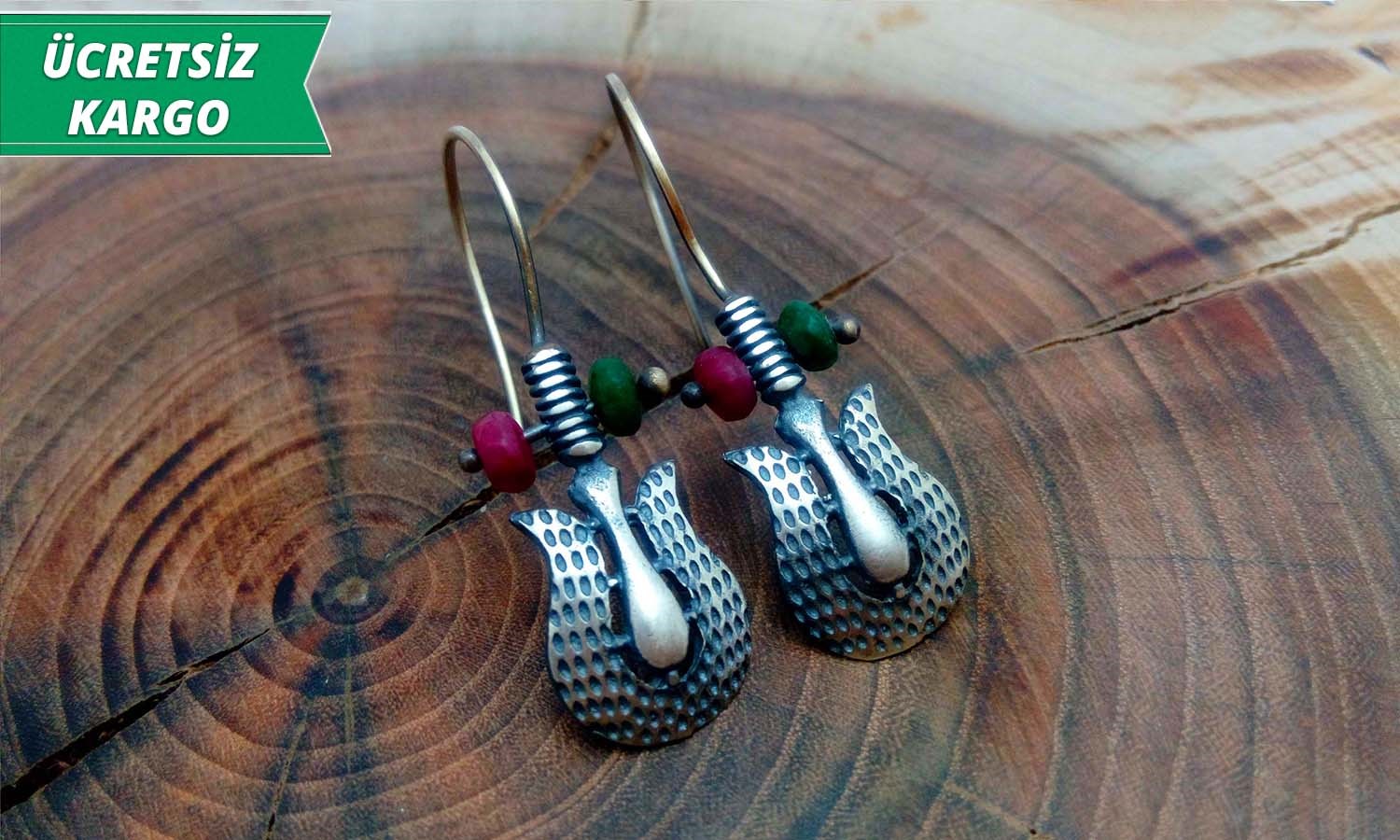 Lale Model Doğal Taşlı El İşçiliği Gümüş Bayan Küpe