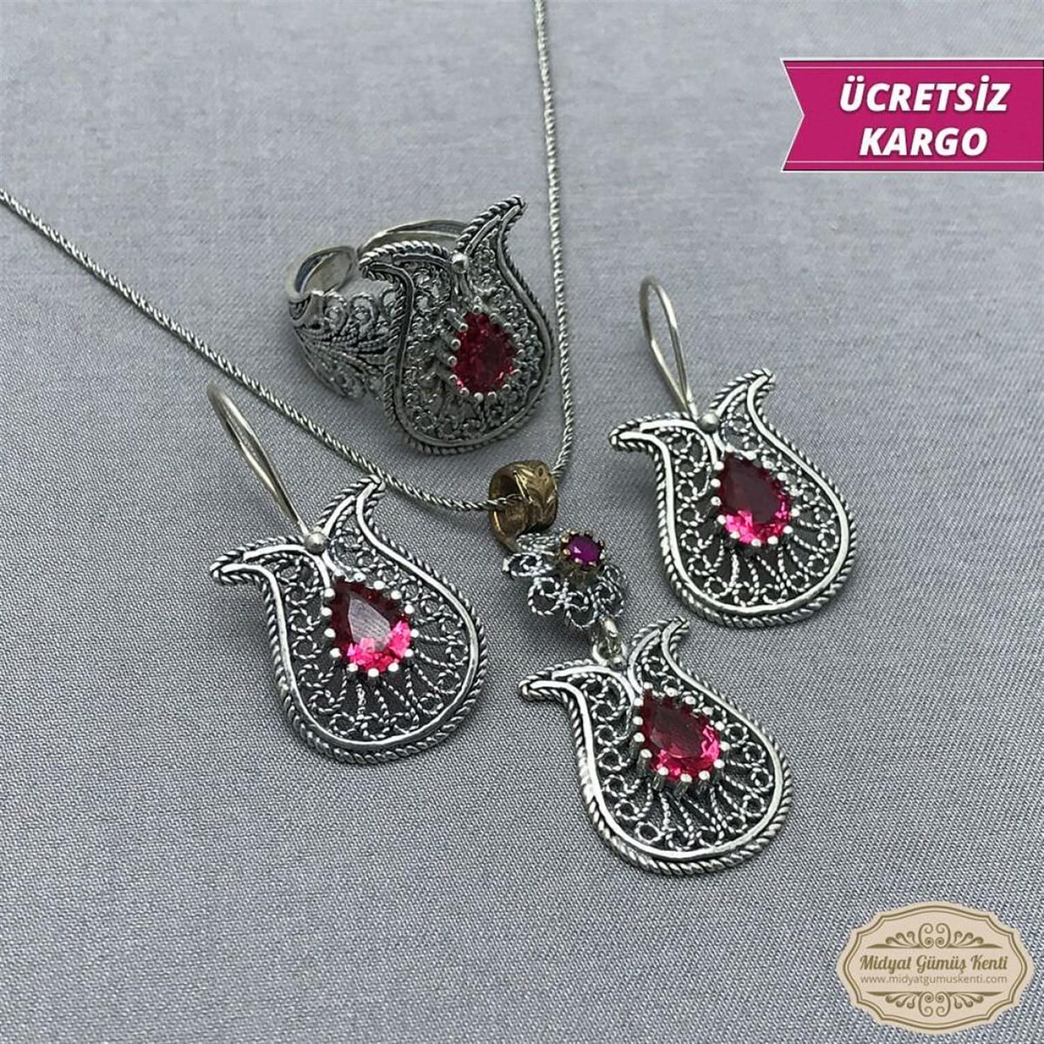 Lale Model Lal Taşlı 925 Ayar Bayan Oksitli Telkari Gümüş Üçlü Set