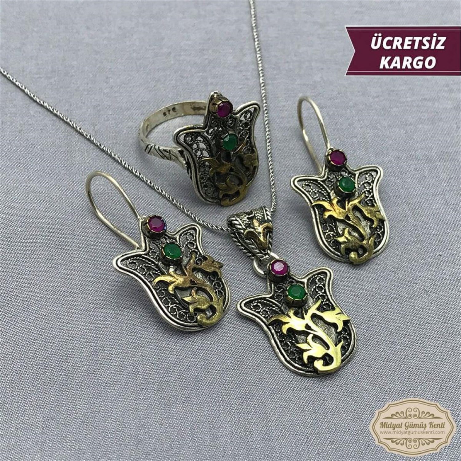 Lale Model Yakut ve Zümrüt Taşlı 925 Ayar Bayan Oksitli Telkari Gümüş Üçlü Set