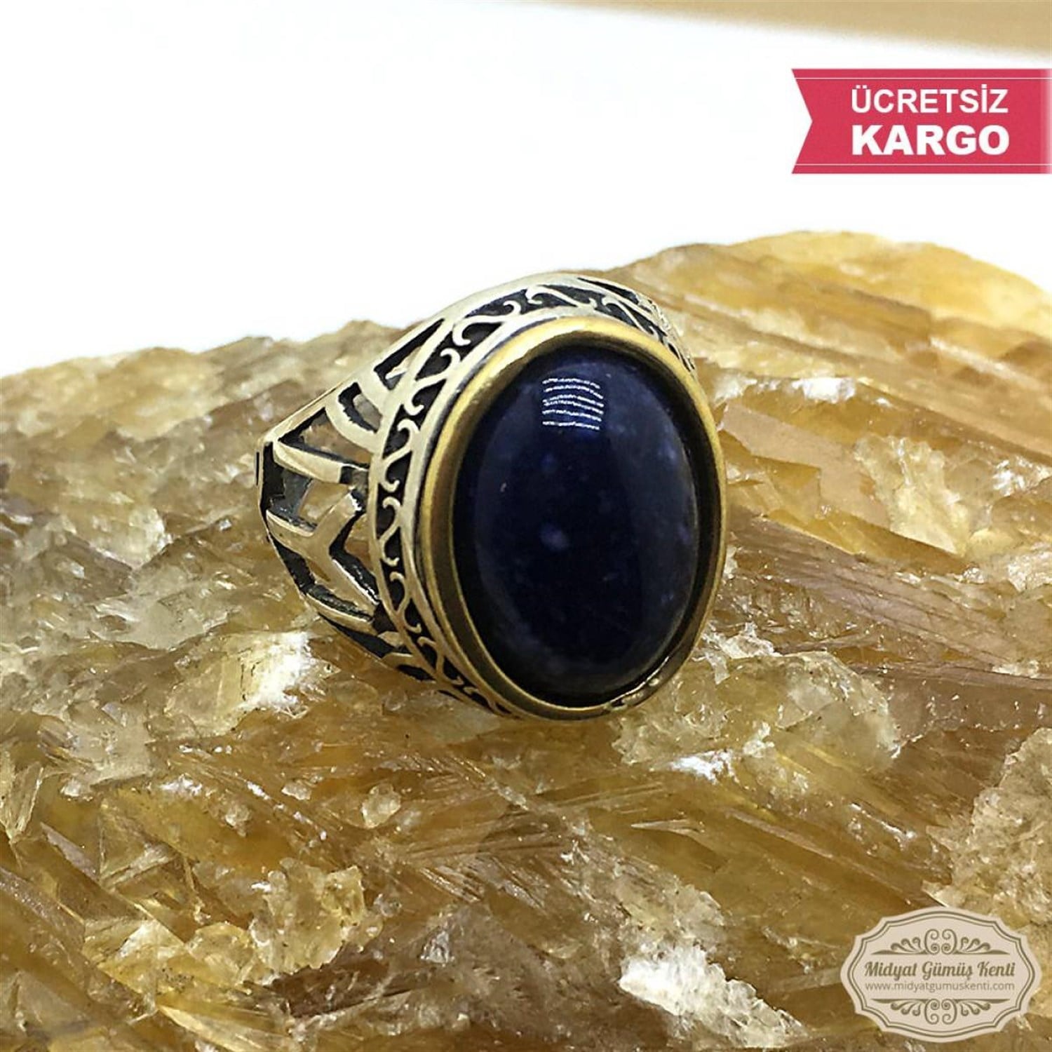 Lapis Lazuli Taşlı iYi Kayıboyu işlemeli 925 Erkek Gümüş Yüzük