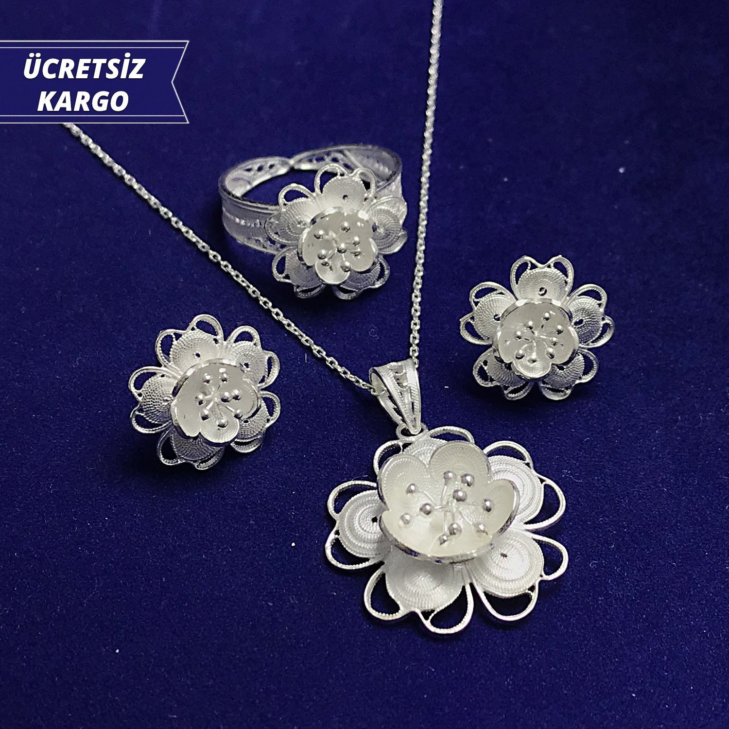 Manolya Model 925 Ayar Telkari Bayan Gümüş Üçlü Set