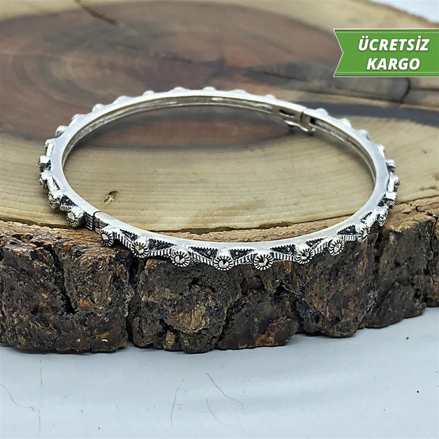 Markazit Taşlı Model Markazit Midyat Bayan Gümüş Bilezik