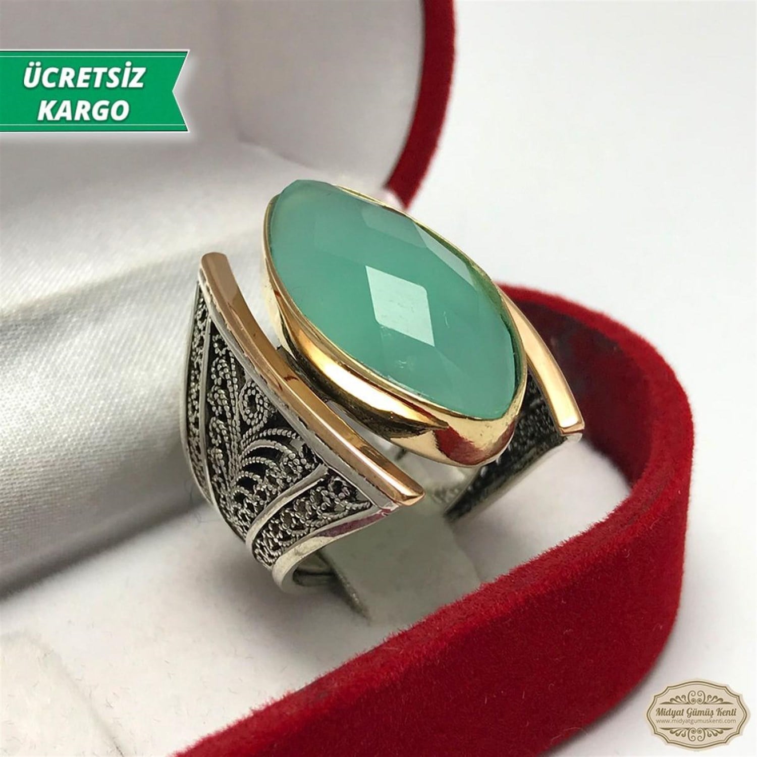 Mavi Topaz Taşlı Kayık Model Midyat Telkari Bayan Gümüş Yüzük