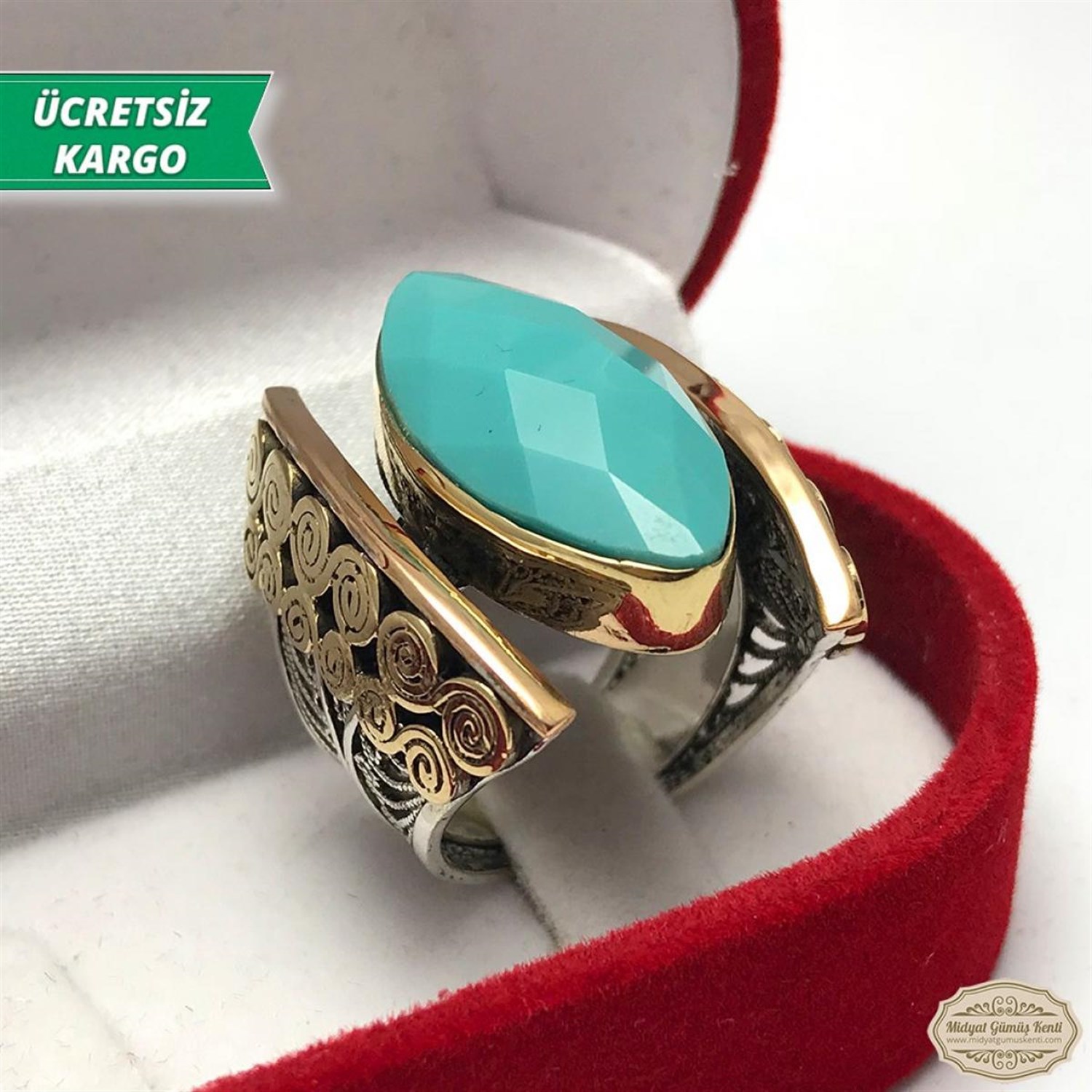 Mavi Topaz Taşlı Kayık Model Midyat Telkari Bayan Gümüş Yüzük