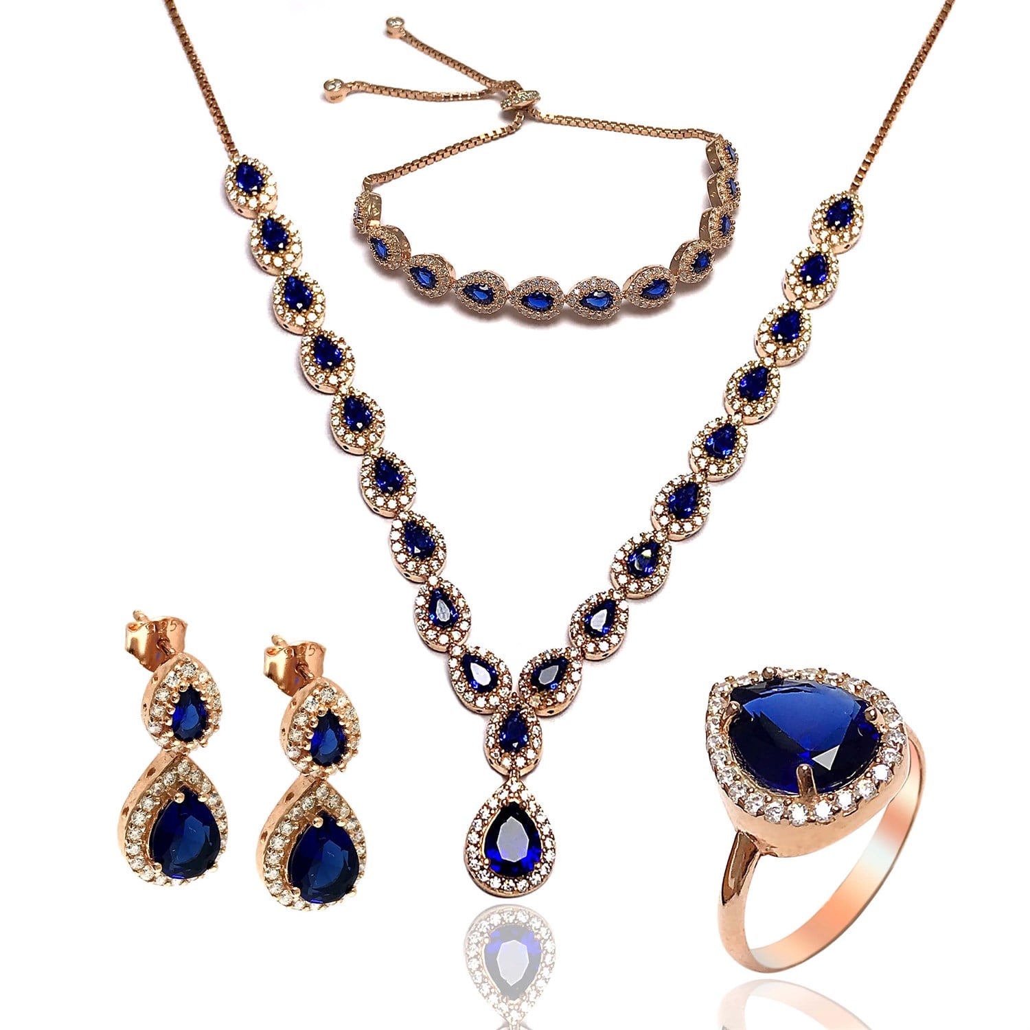 Mavi Zirkon Taşlı 925 Ayar Damla Rose Model Bayan Gümüş Set