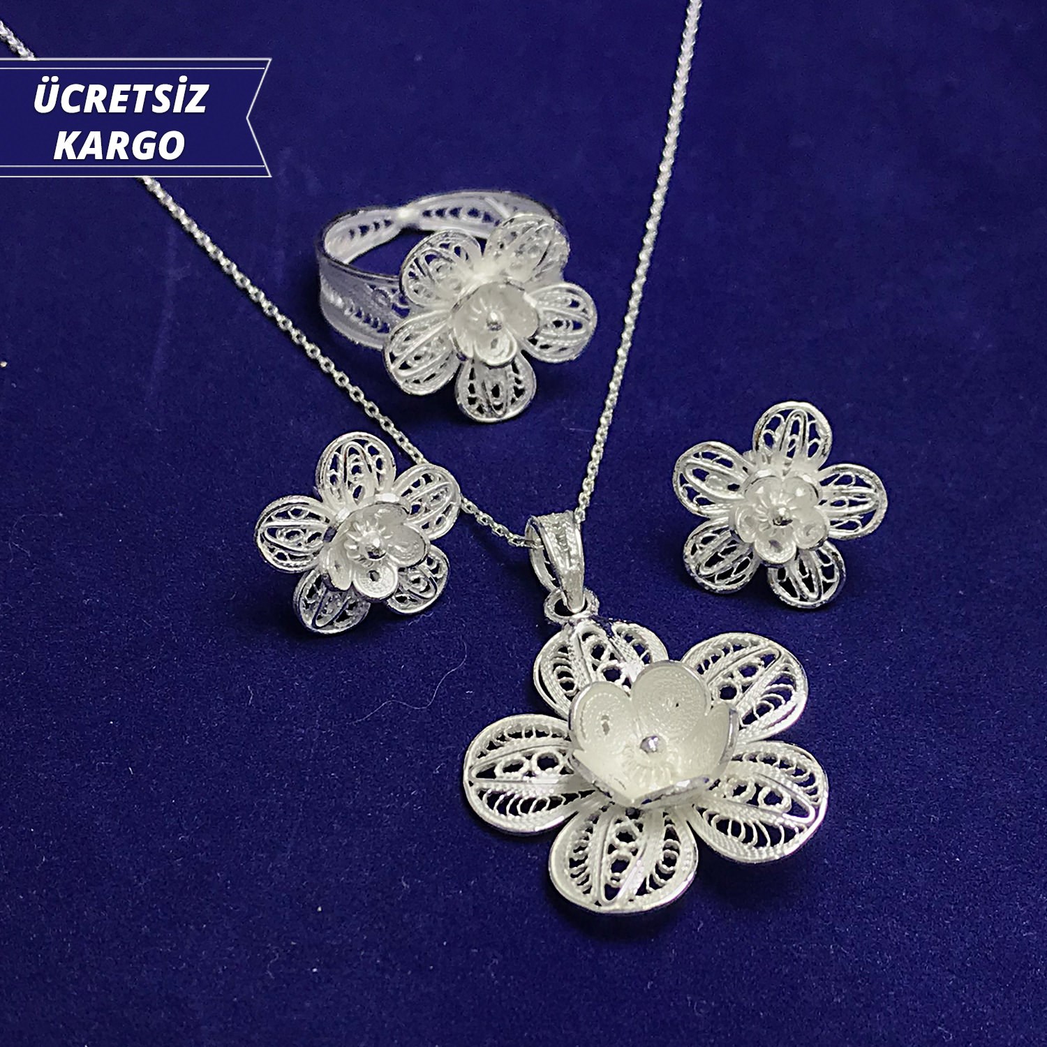 Menekşe Model 925 Ayar Telkari Bayan Gümüş Üçlü Set