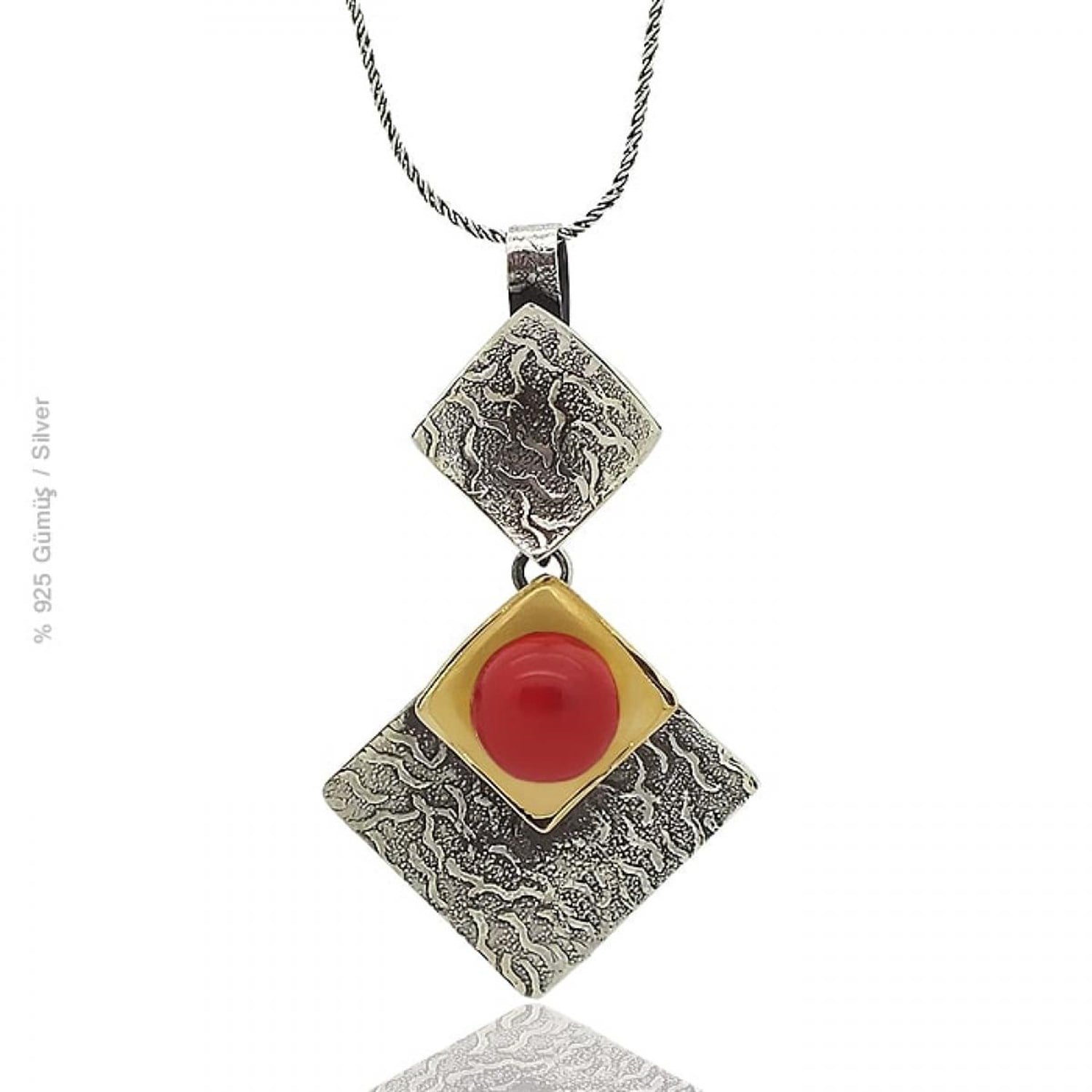 Mercan Taşlı Çekiç Dövme Model El İşçiliği Bayan Otantik Gümüş Kolye Ucu