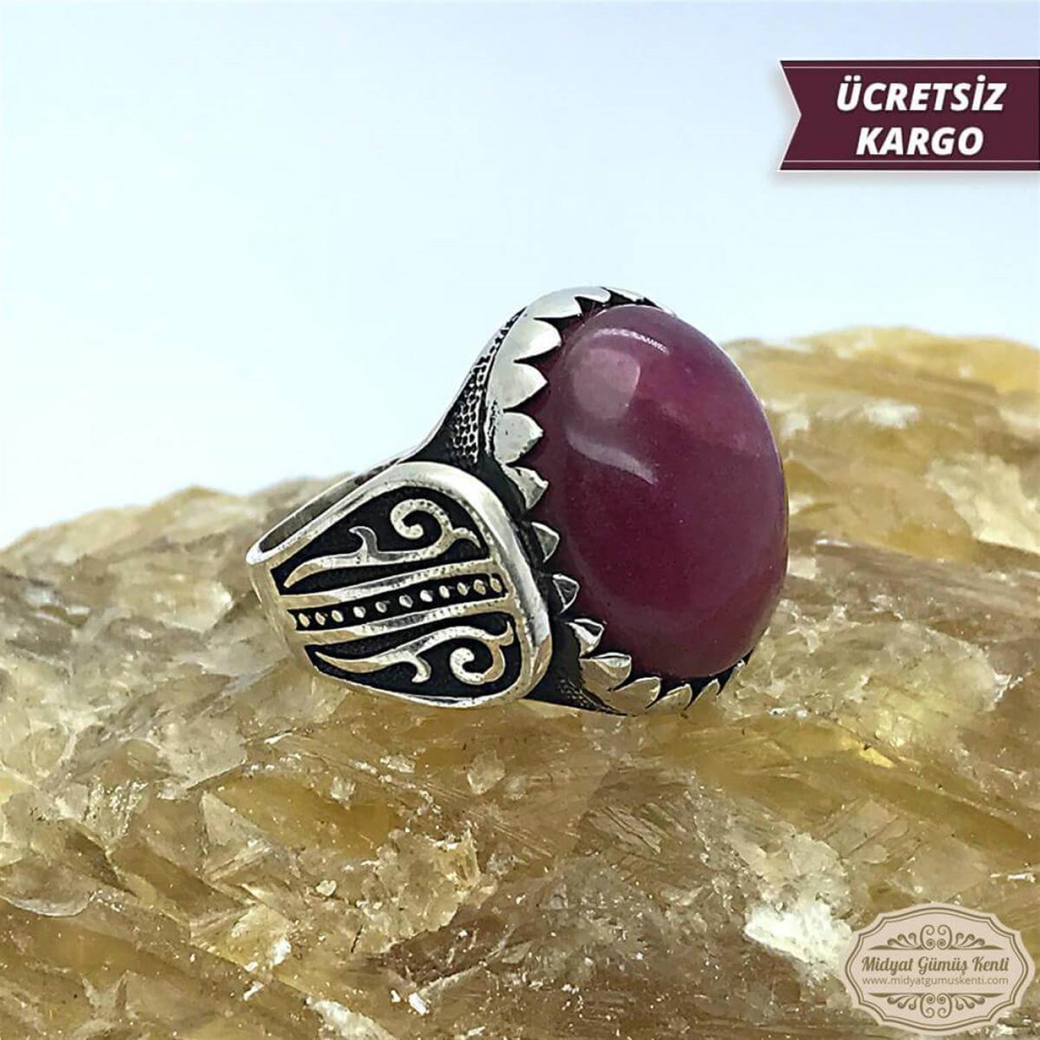 Mercan Taşlı Elips Model işlemeli 925 Ayar Erkek Gümüş Yüzük