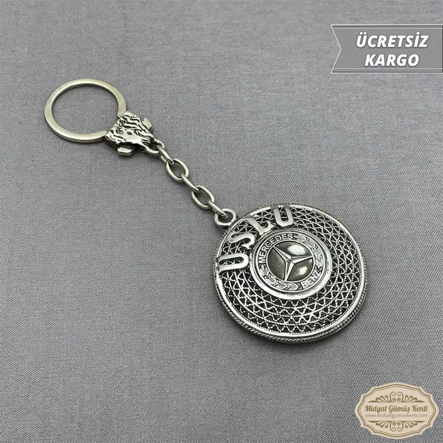 Mercedes Amblemli İsimli Oksitli 925 Ayar Midyat Gümüş Anahtarlık