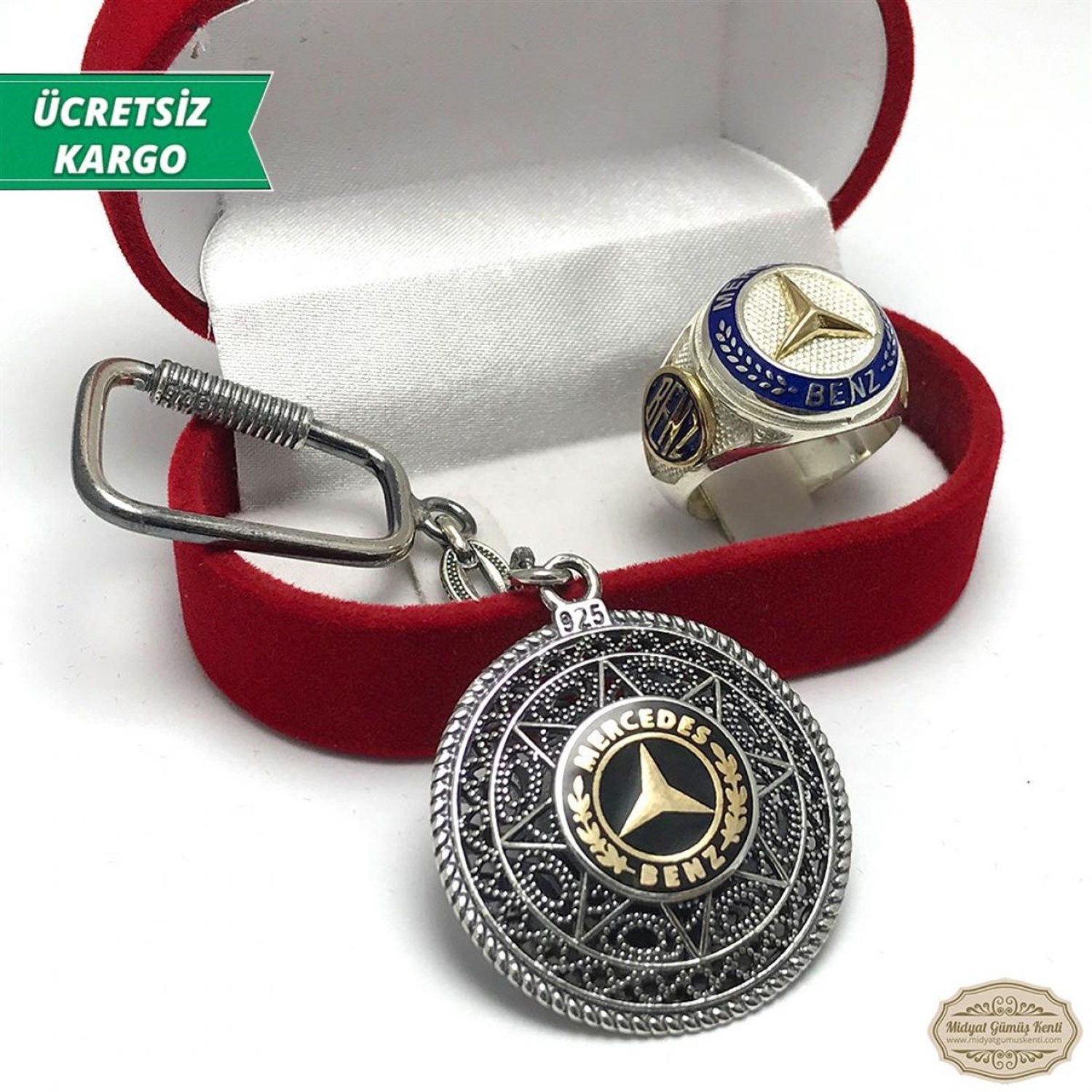 Mercedes ikili Set Model Erkek Gümüş Yüzük ve Anahtarlık 