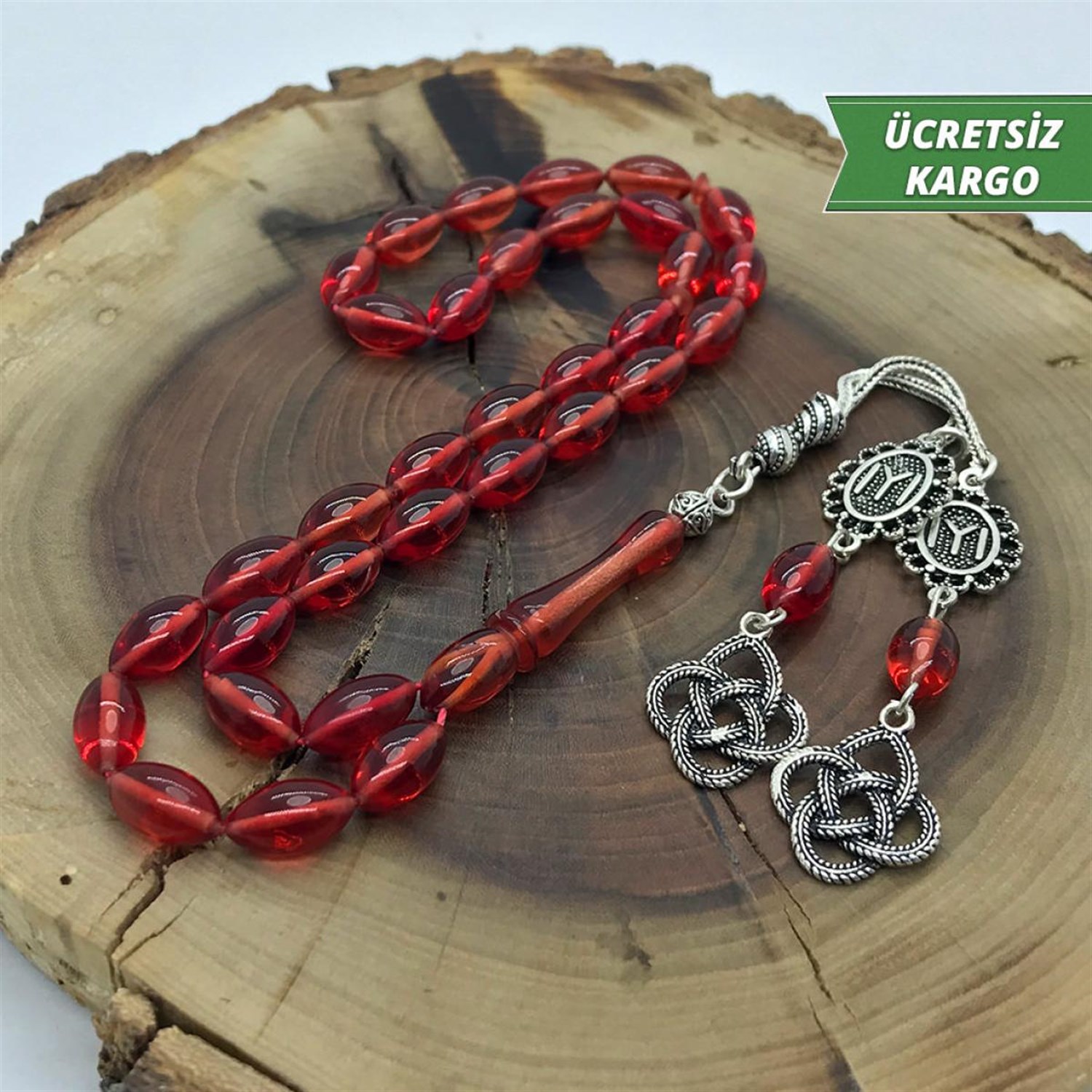 Nar Çiçeği Arpa Kesim 2lü Gümüş Püsküllü Ateş Kehribar Tesbih