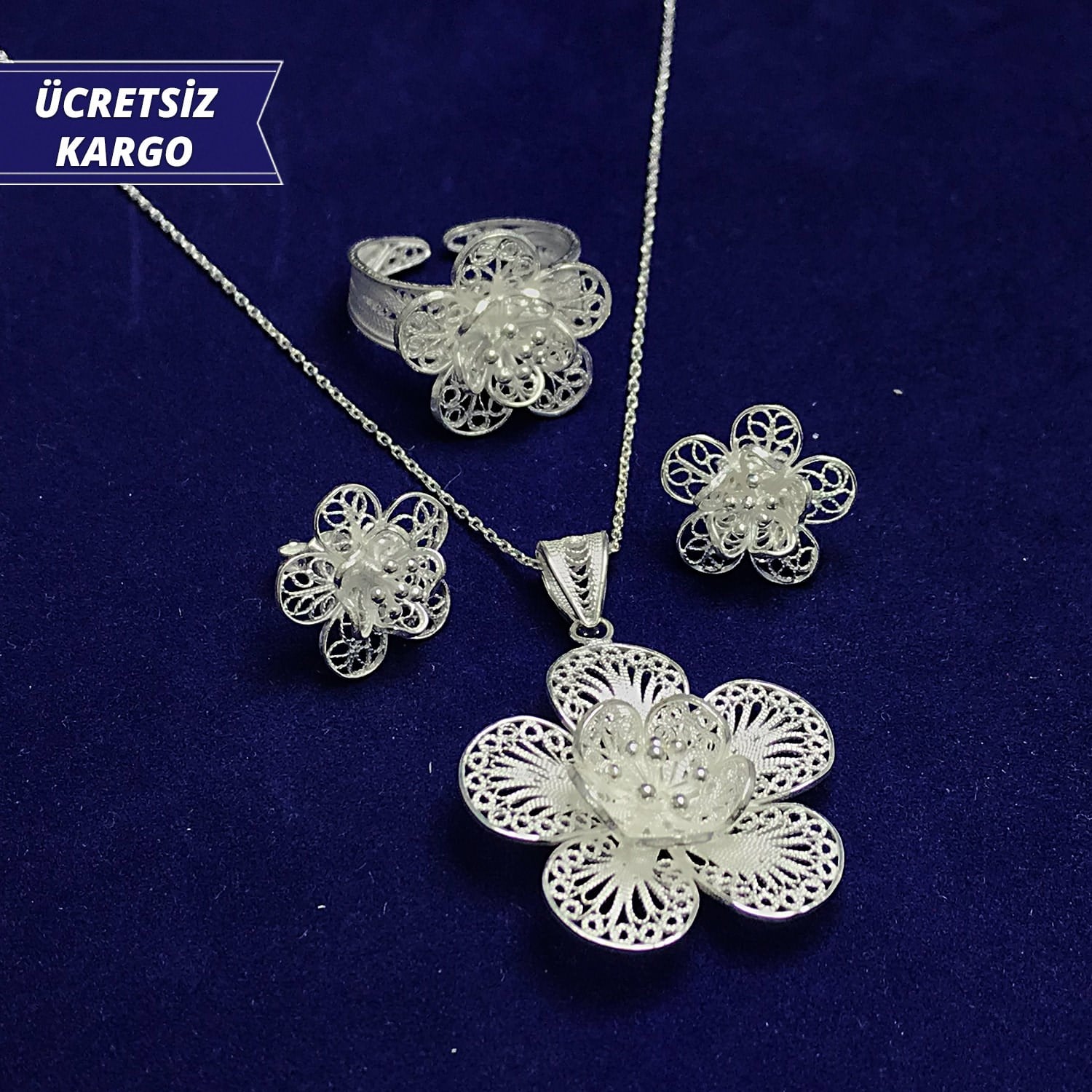 Nergis Model 925 Ayar Telkari Bayan Gümüş Üçlü Set