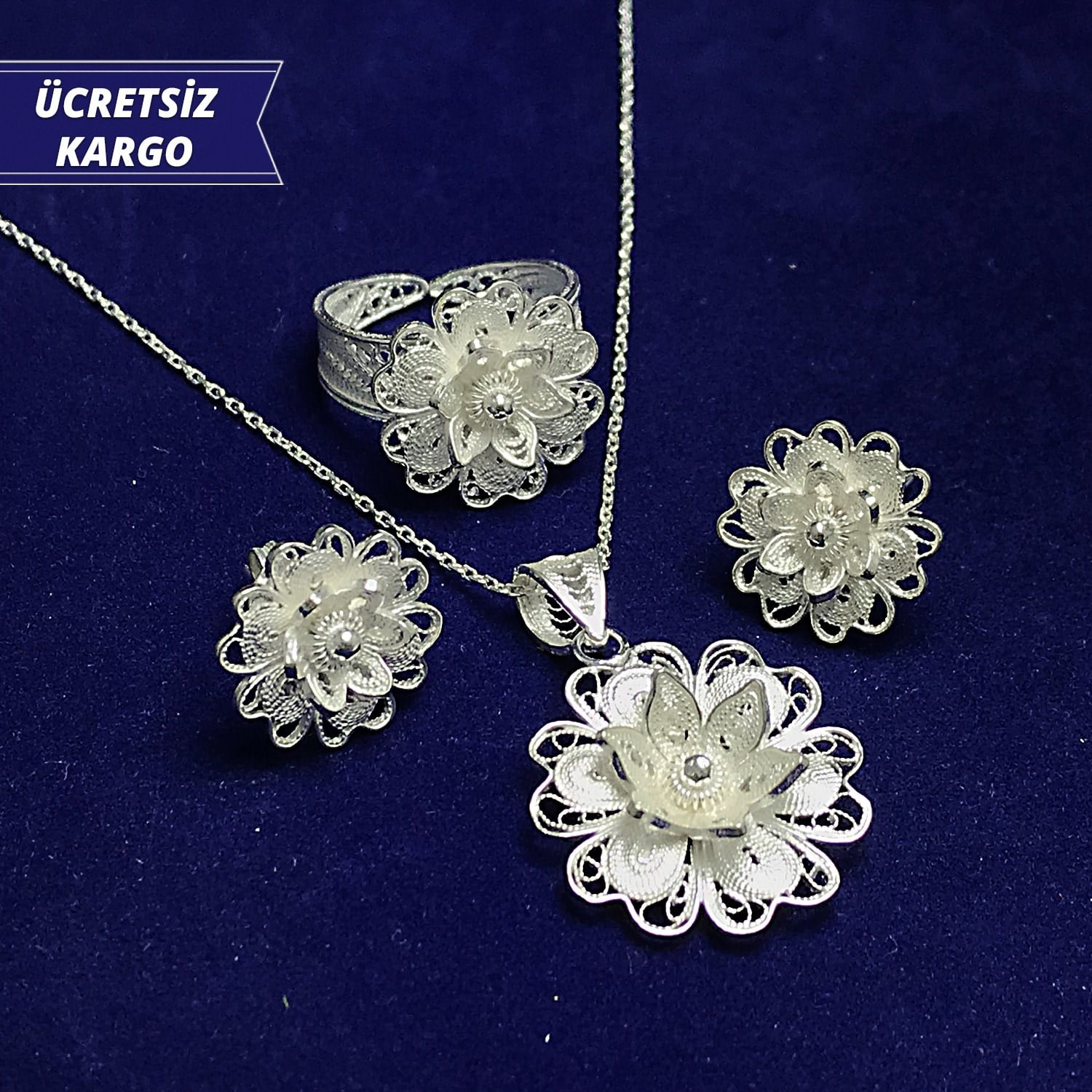 Nilüfer Model 925 Ayar Telkari Bayan Gümüş Üçlü Set