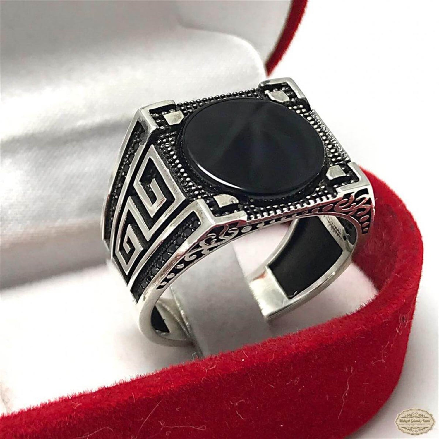 Oniks Taşlı Babil işlemeli Model Erkek Gümüş Yüzük