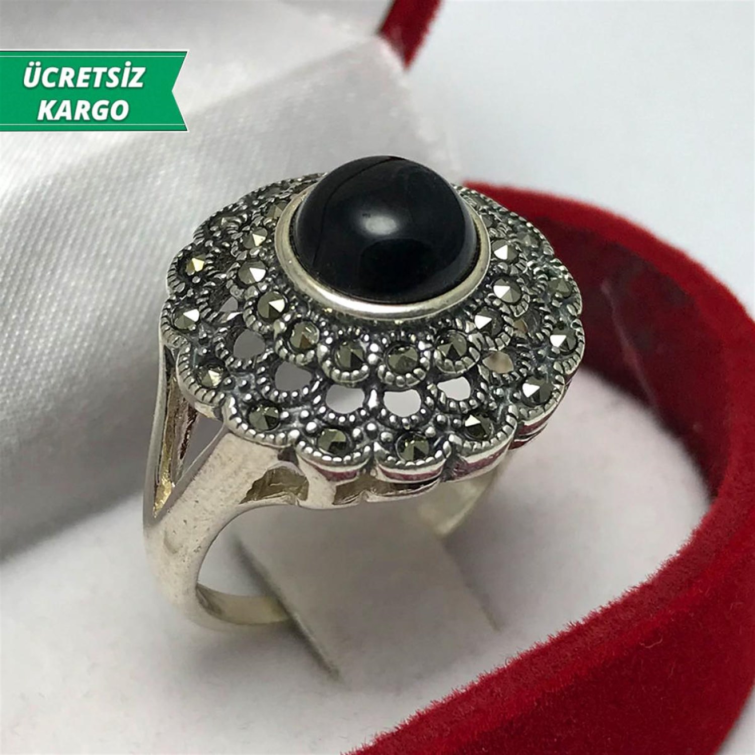 Oniks Taşlı Markazit Bayan Gümüş Yüzük