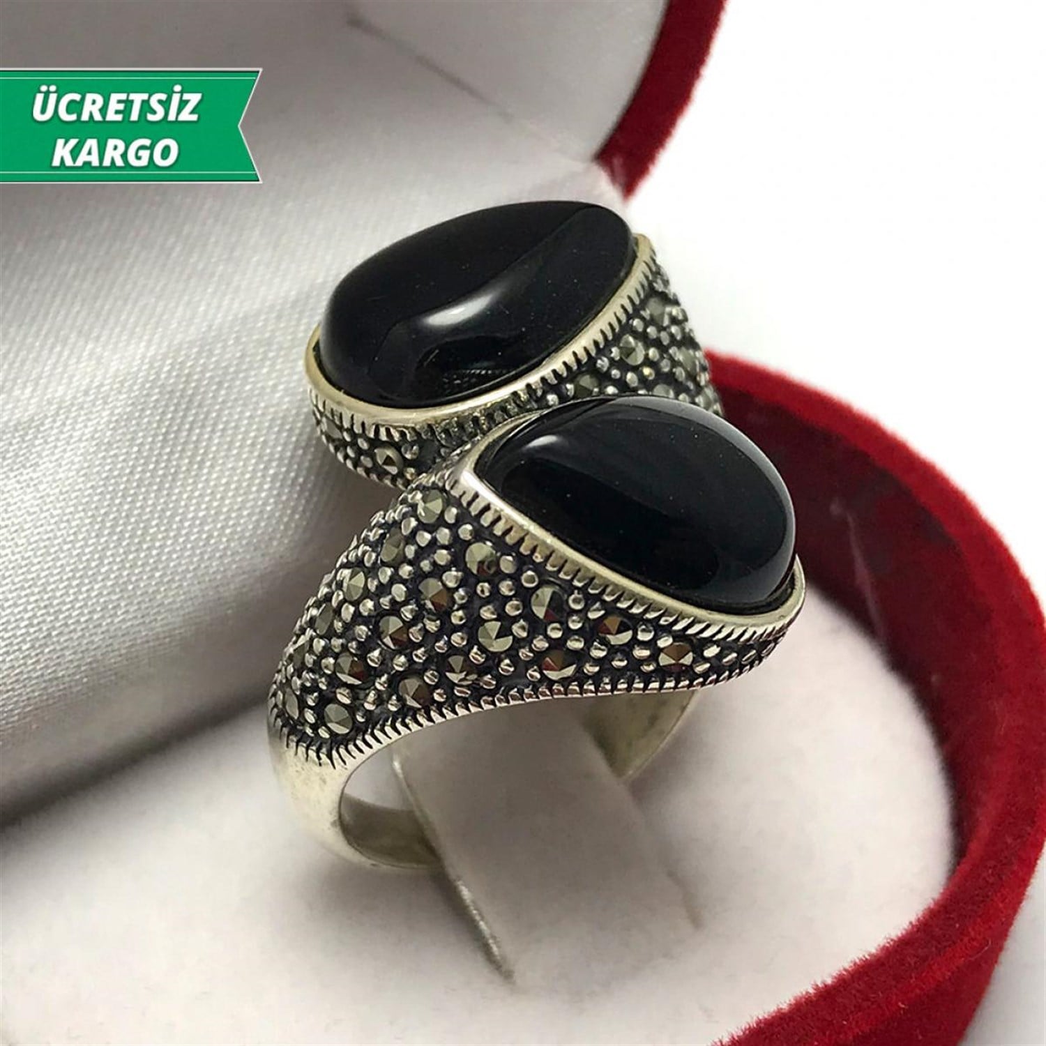 Oniks Taşlı Markazit Bayan Gümüş Yüzük
