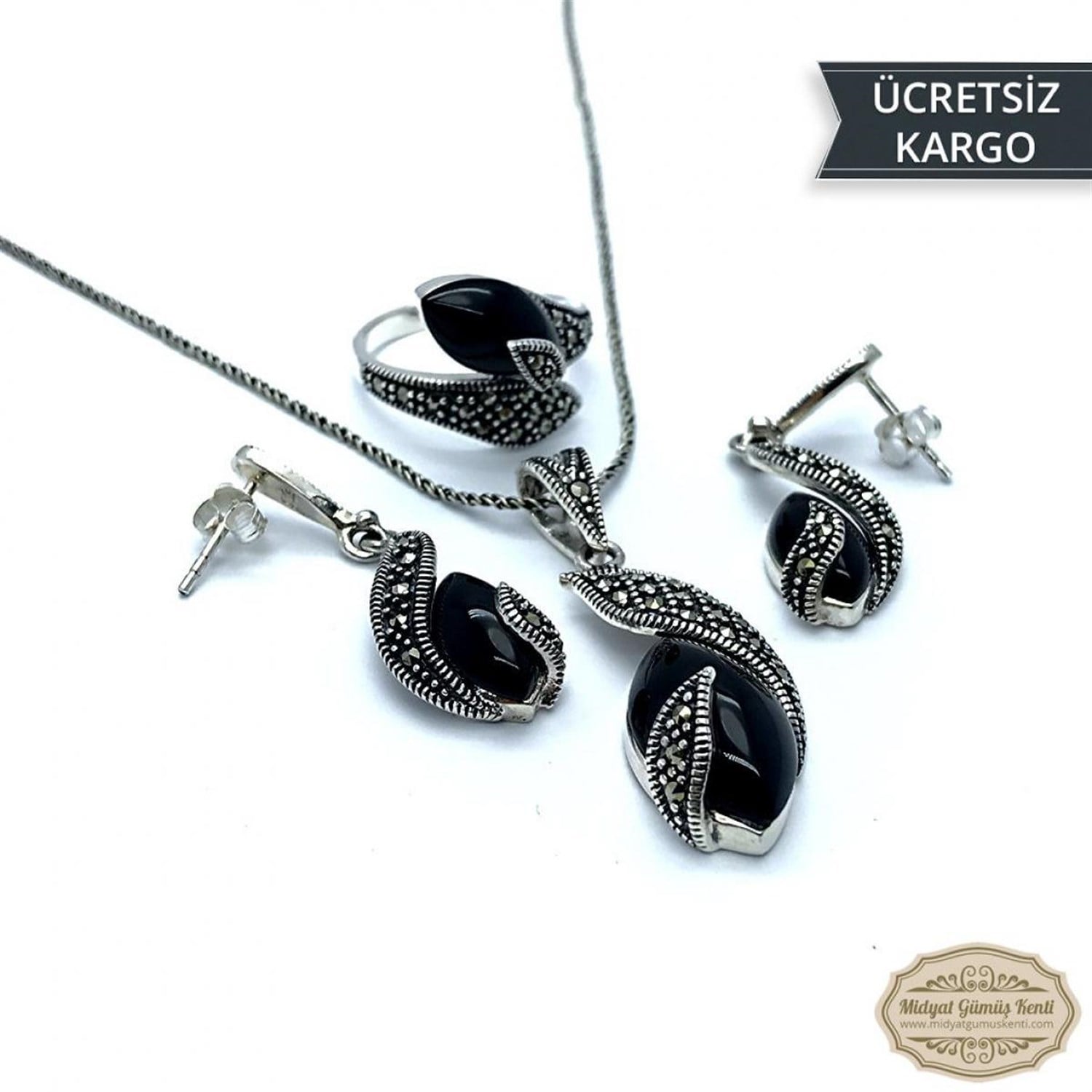 Oniks Taşlı Sarmal Çekik Model Markazit Gümüş Üçlü Set