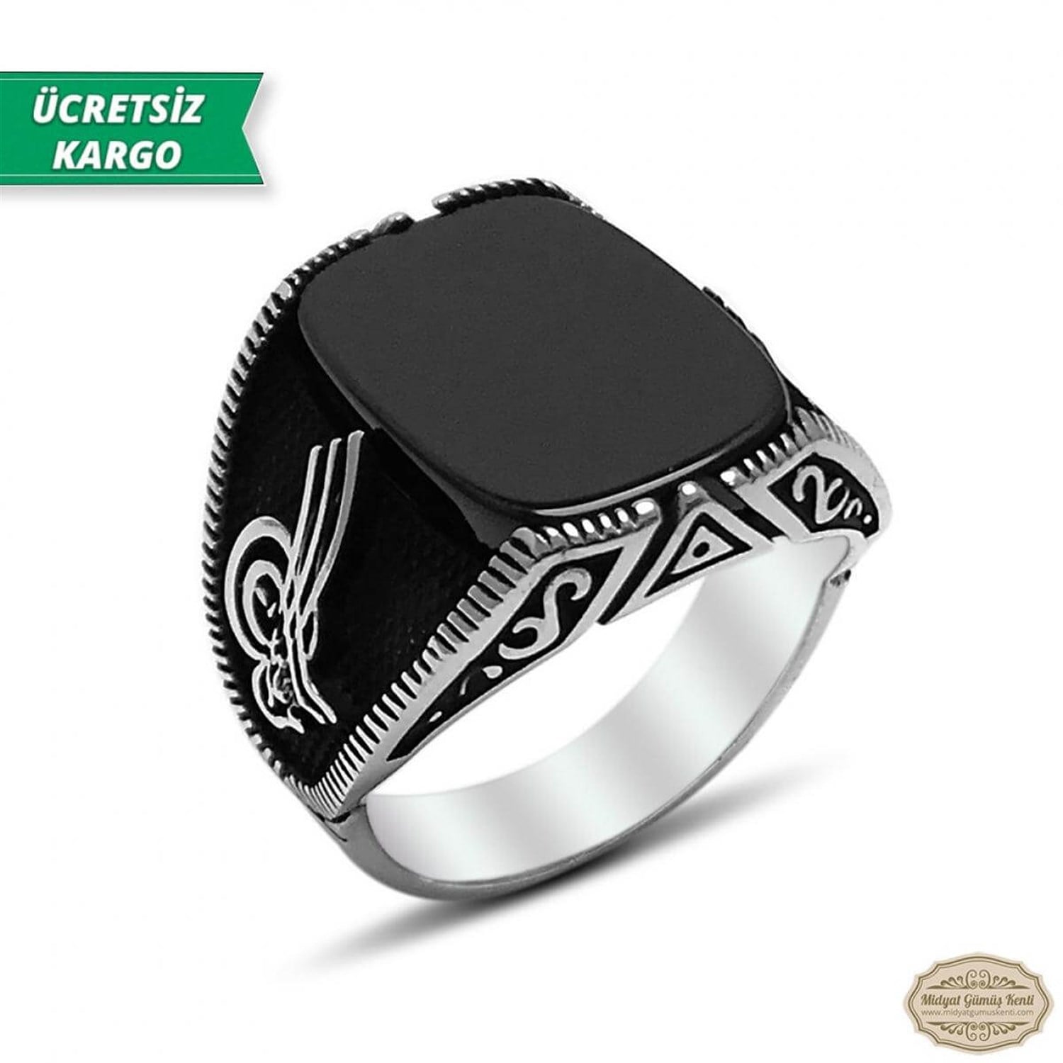 Oniks Taşlı Tuğralı Model 925 Ayar Gümüş Erkek Yüzük