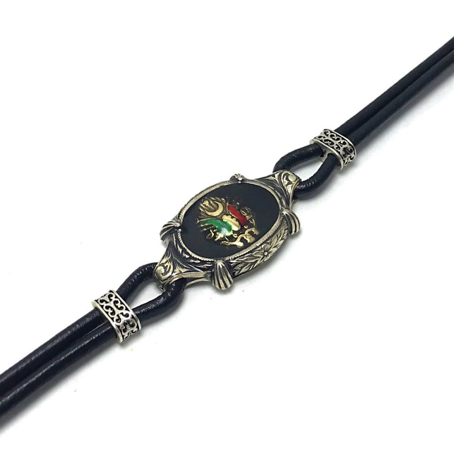 Osmanlı Sancağı İşlemeli Mineli Deri Kordonlu Erkek Gümüş Bileklik