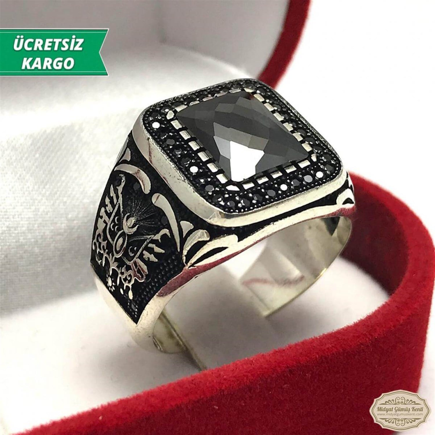 Osmanlı Sancağı Model Siyah Zirkon Taşlı Erkek Gümüş Yüzük 