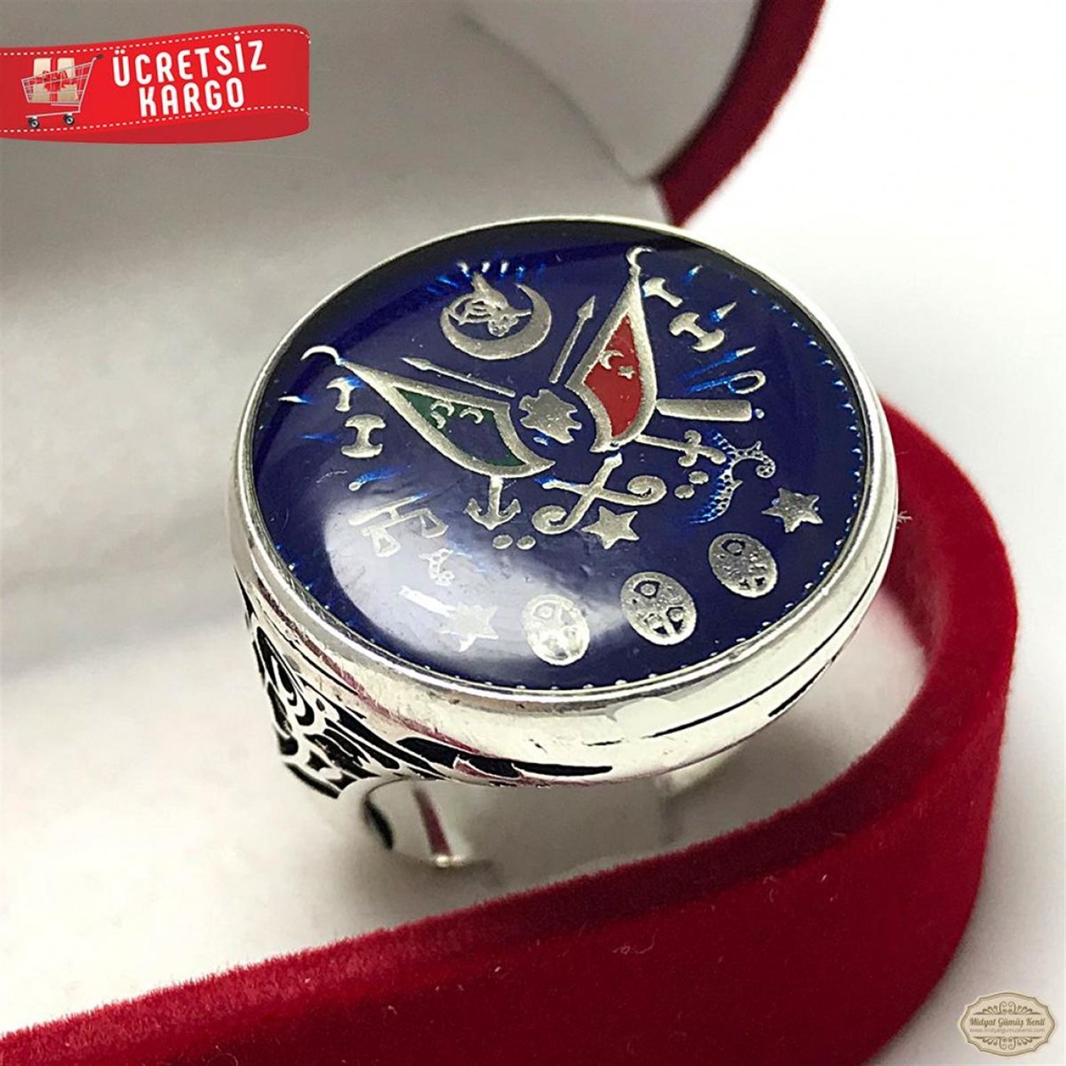 Osmanlı Sancaklı işlemeli Mavi Mineli 925 Ayar Gümüş Erkek Yüzük