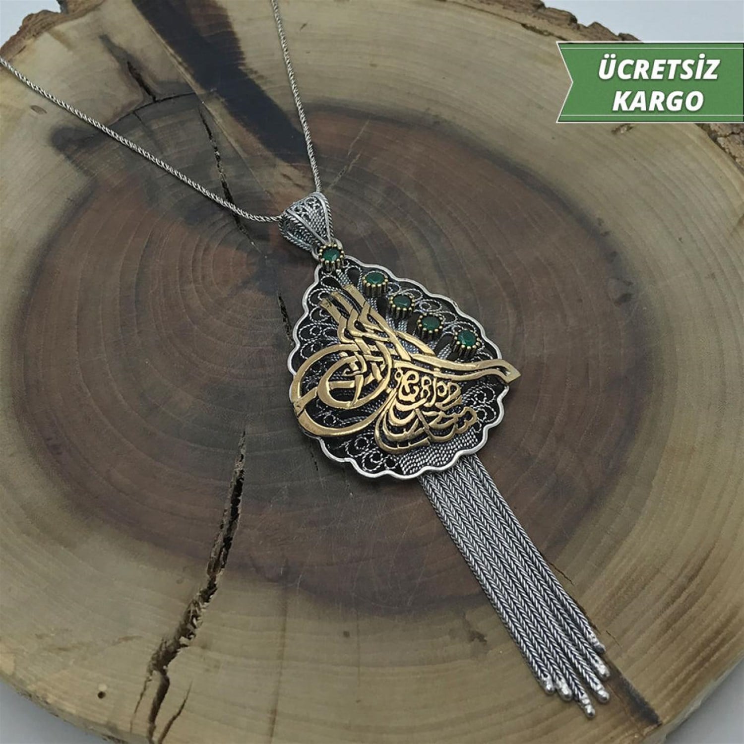 Osmanlı Tuğra Püsküllü İşlemeli Model Midyat Yöresel Telkari Gümüş Kolye Ucu