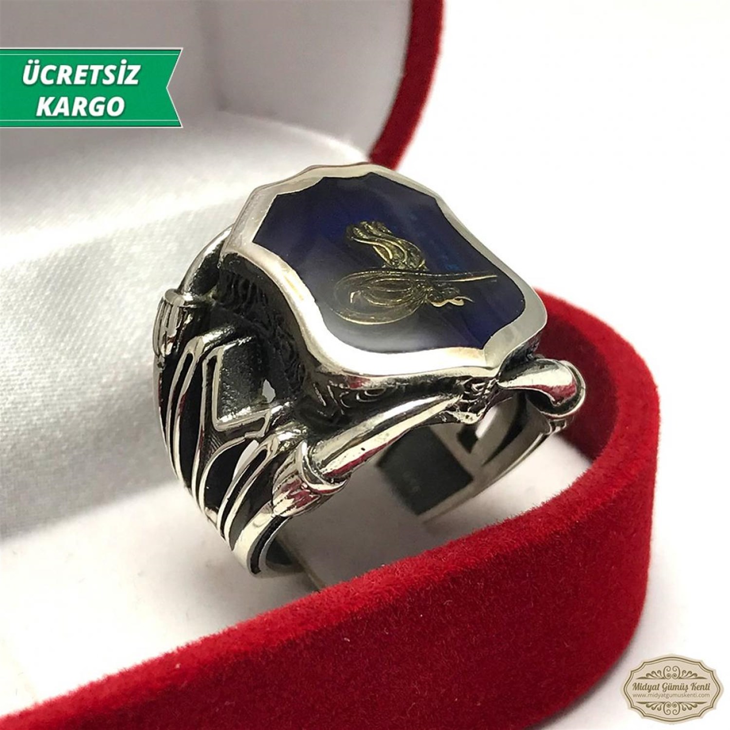 Osmanlı Tuğralı Mineli Erkek Gümüş Yüzük