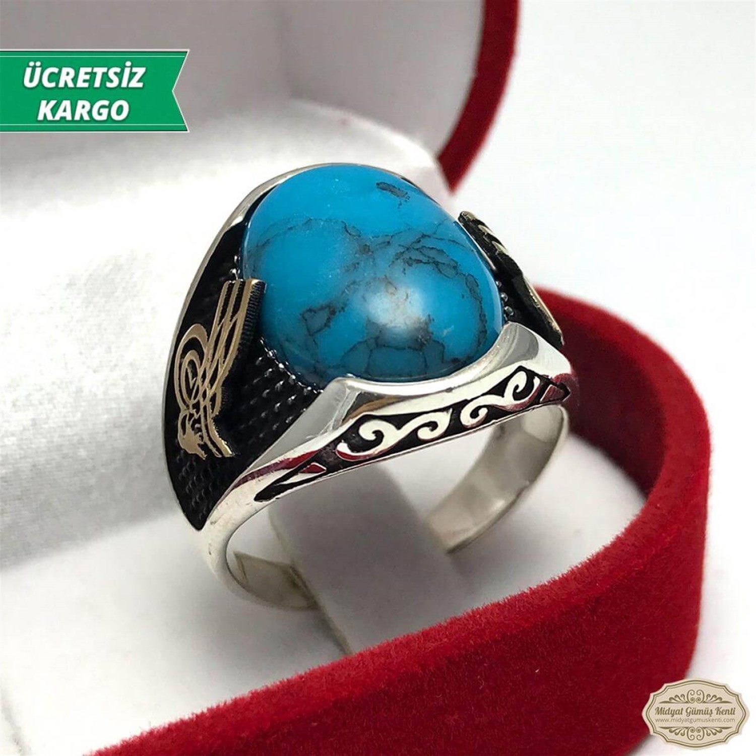 Osmanlı Tuğralı Model Firuze Taşlı Erkek Gümüş Yüzük