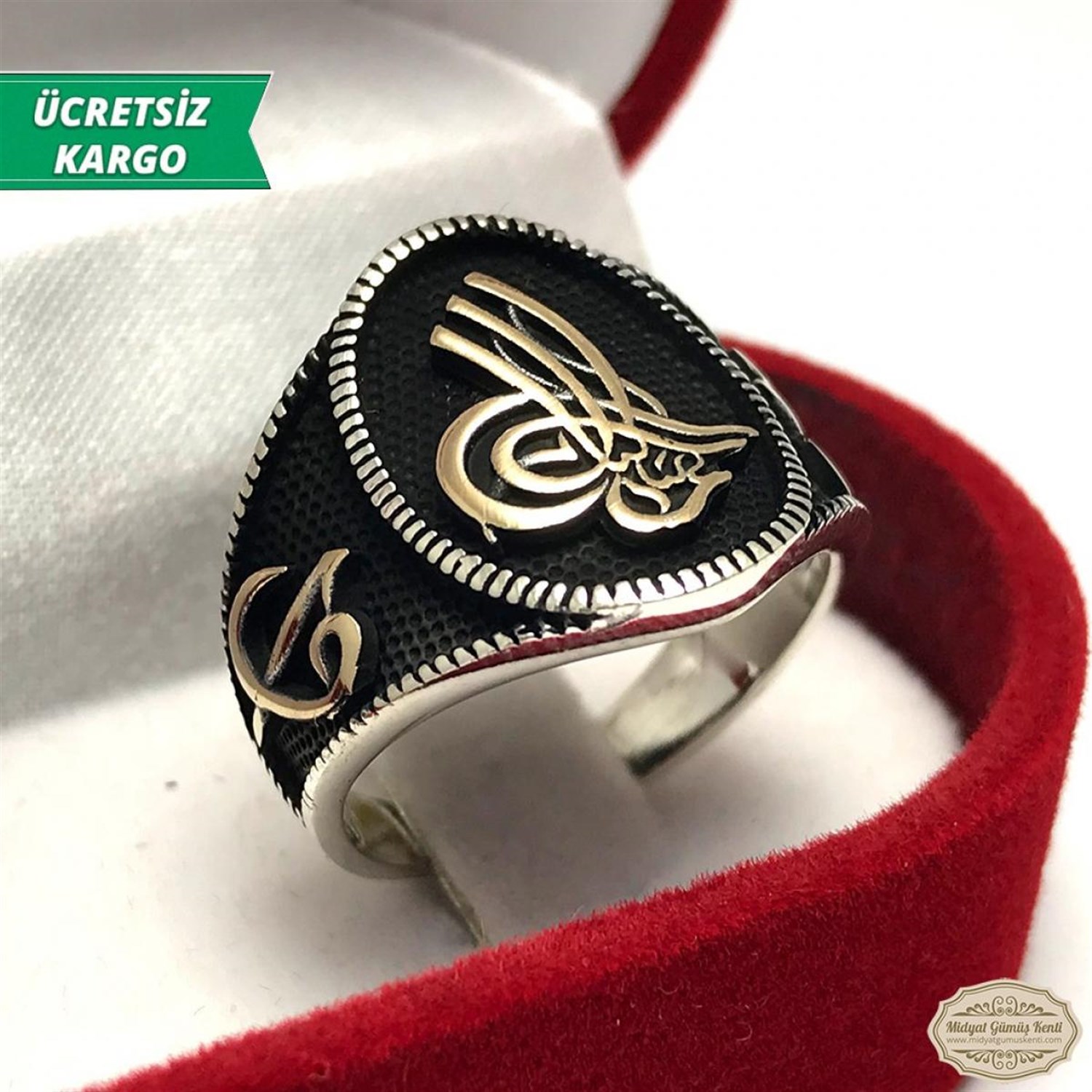 Osmanlı Tuğrası ve Vav Elif işlemeli Erkek Gümüş Yüzük 