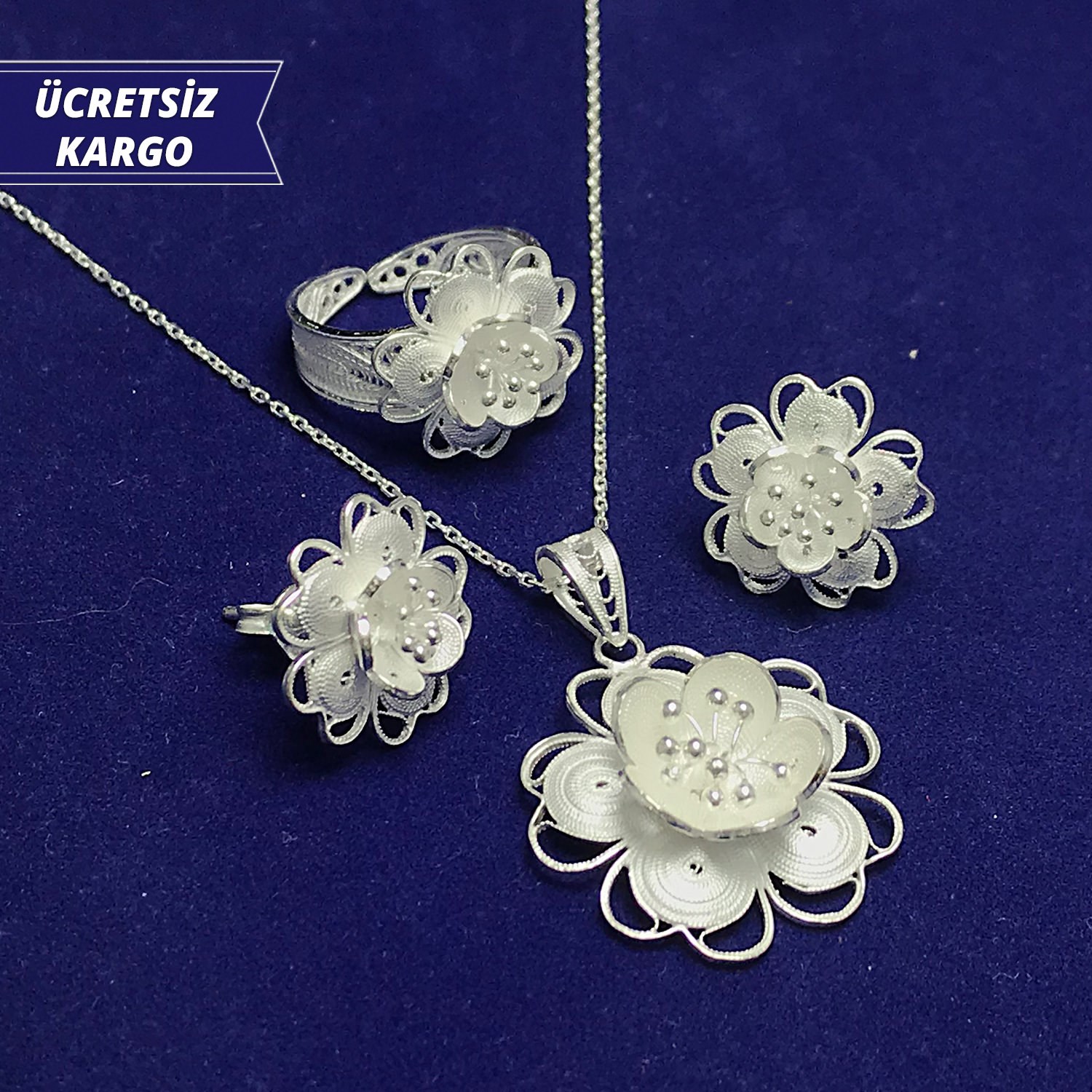 Papatya Model 925 Ayar Telkari Bayan Gümüş Üçlü Set