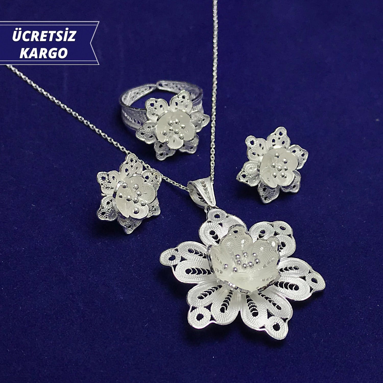 Papatya Model 925 Ayar Telkari Bayan Gümüş Üçlü Set