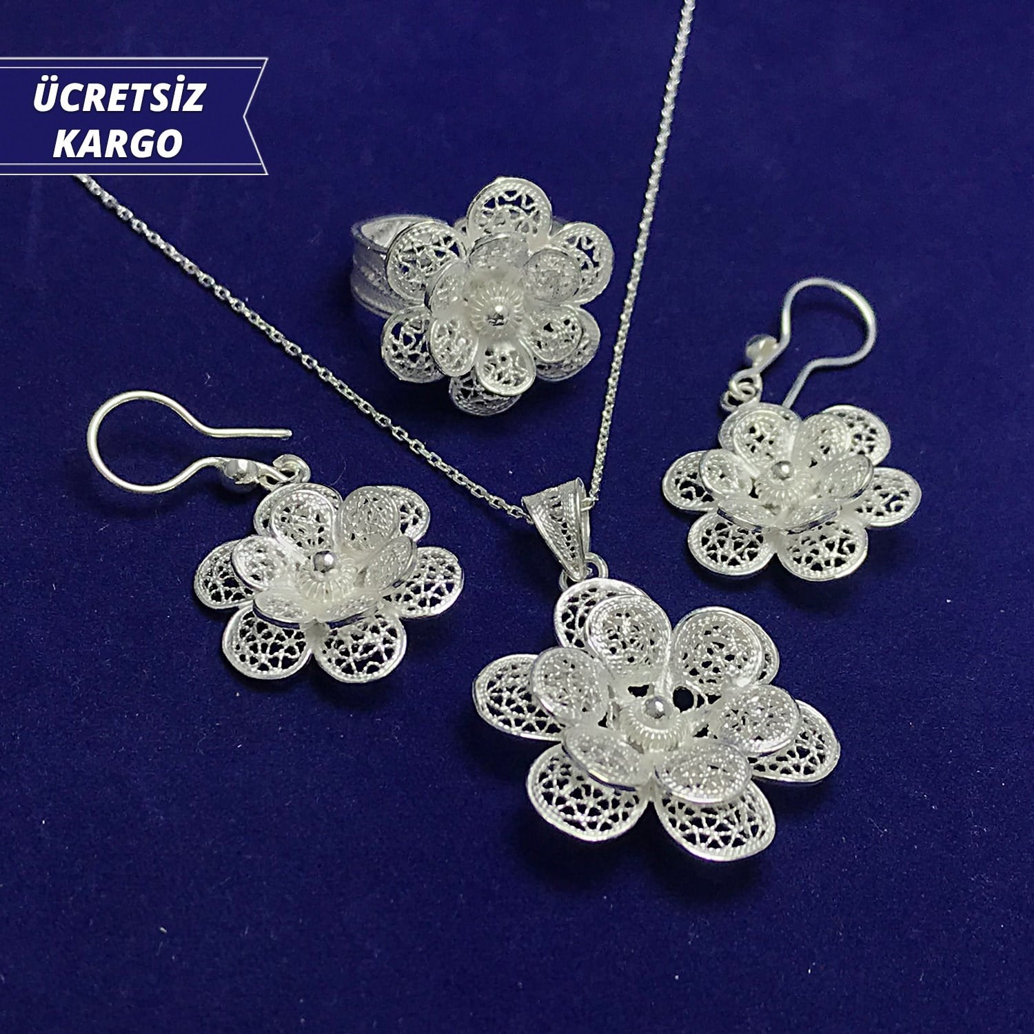 Papatya Model 925 Ayar Telkari Bayan Gümüş Üçlü Set