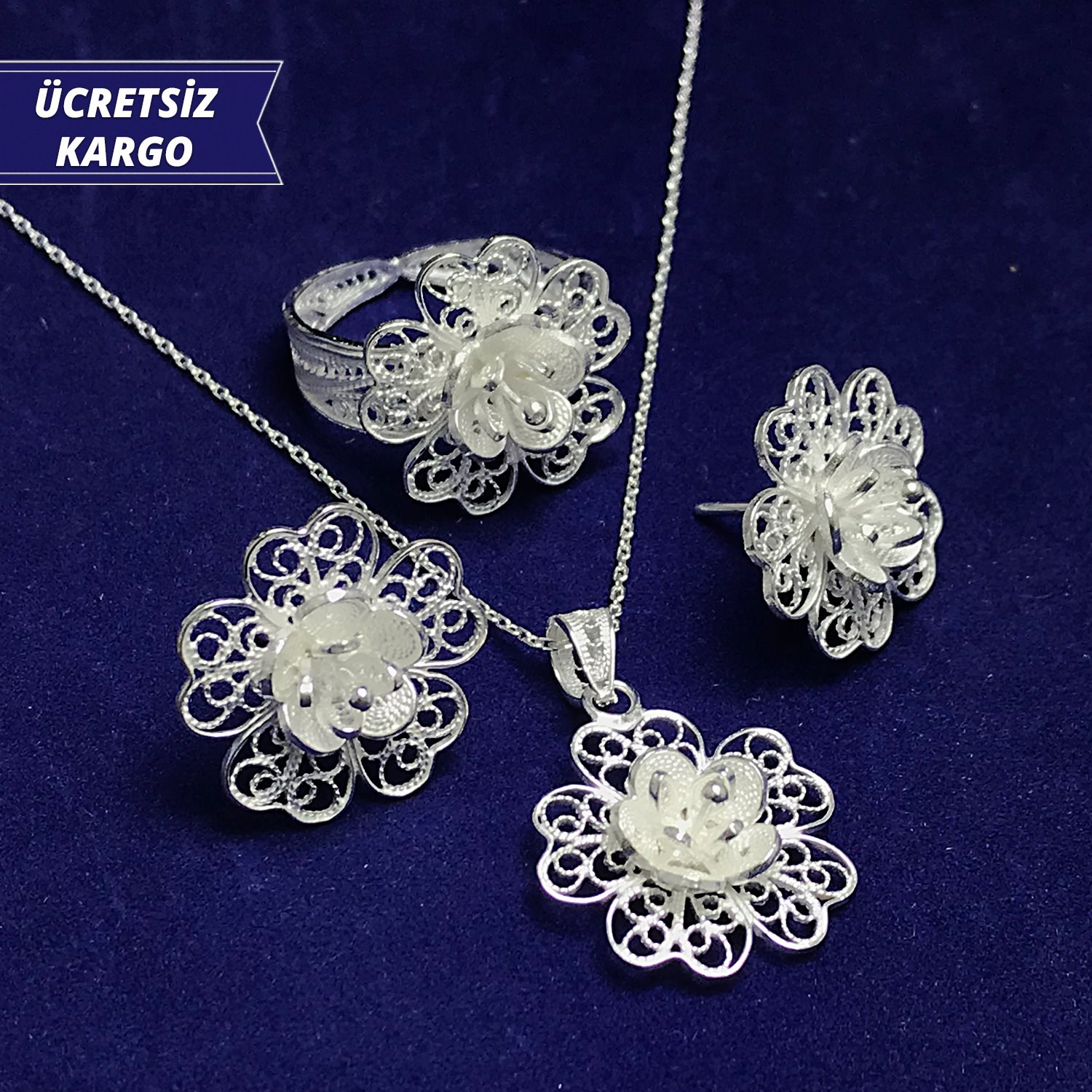 Papatya Model 925 Ayar Telkari Bayan Gümüş Üçlü Set