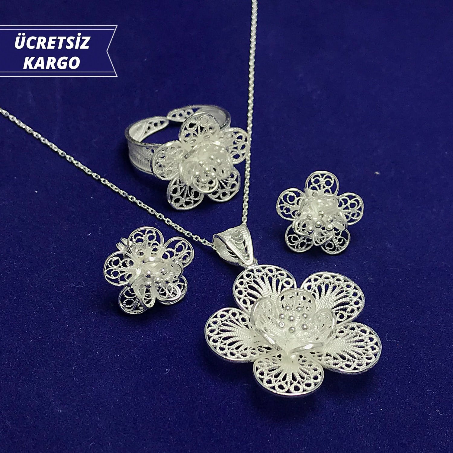 Papatya Model 925 Ayar Telkari Bayan Gümüş Üçlü Set