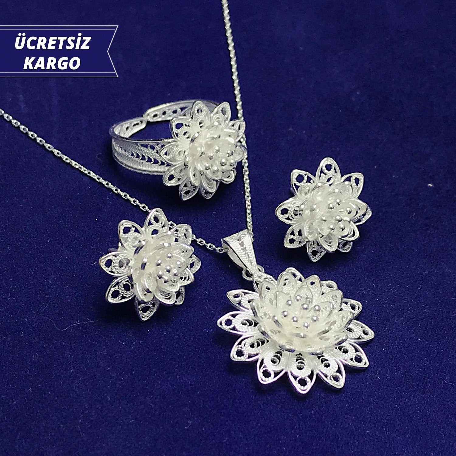Papatya Model 925 Ayar Telkari Bayan Gümüş Üçlü Set