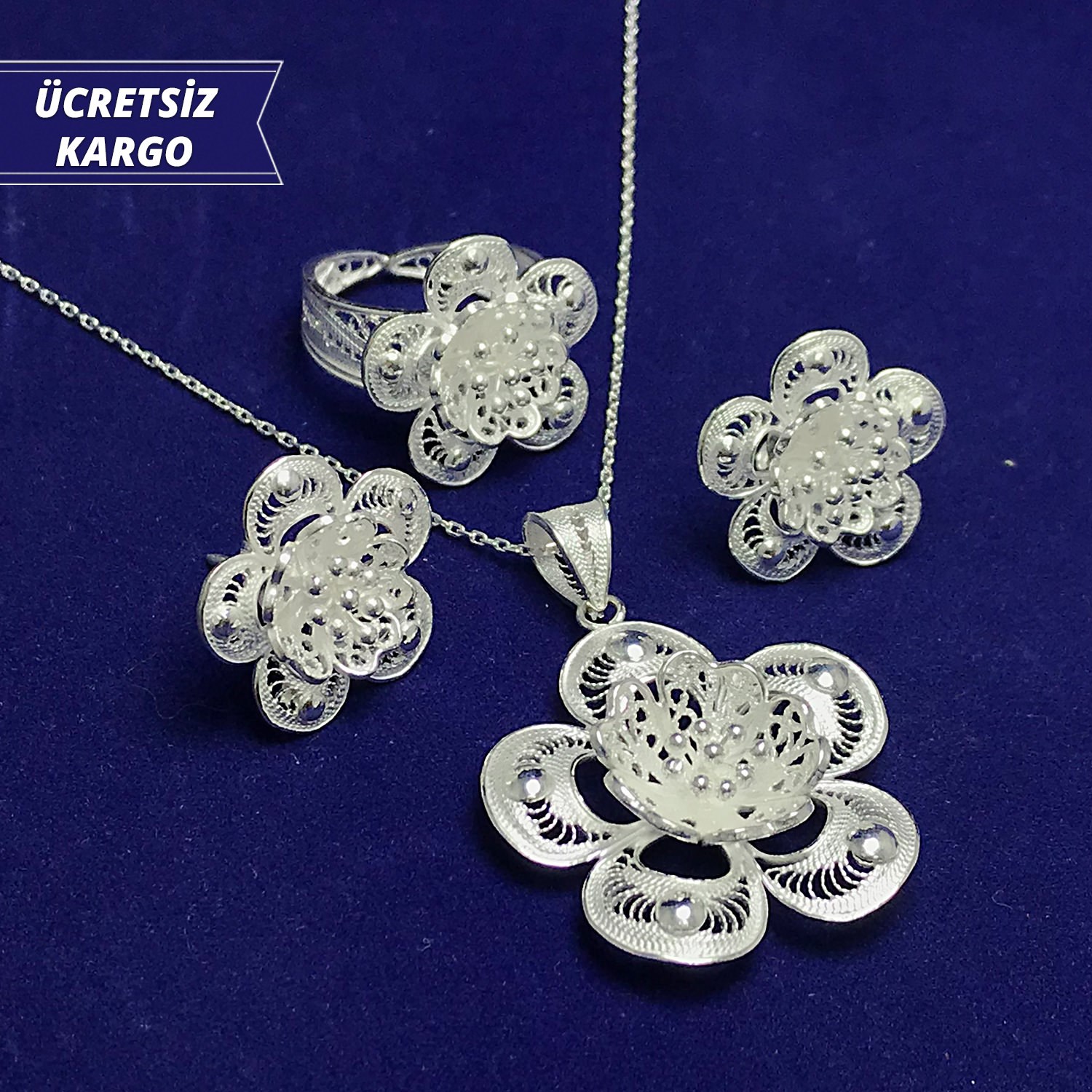 Papatya Model 925 Ayar Telkari Bayan Gümüş Üçlü Set