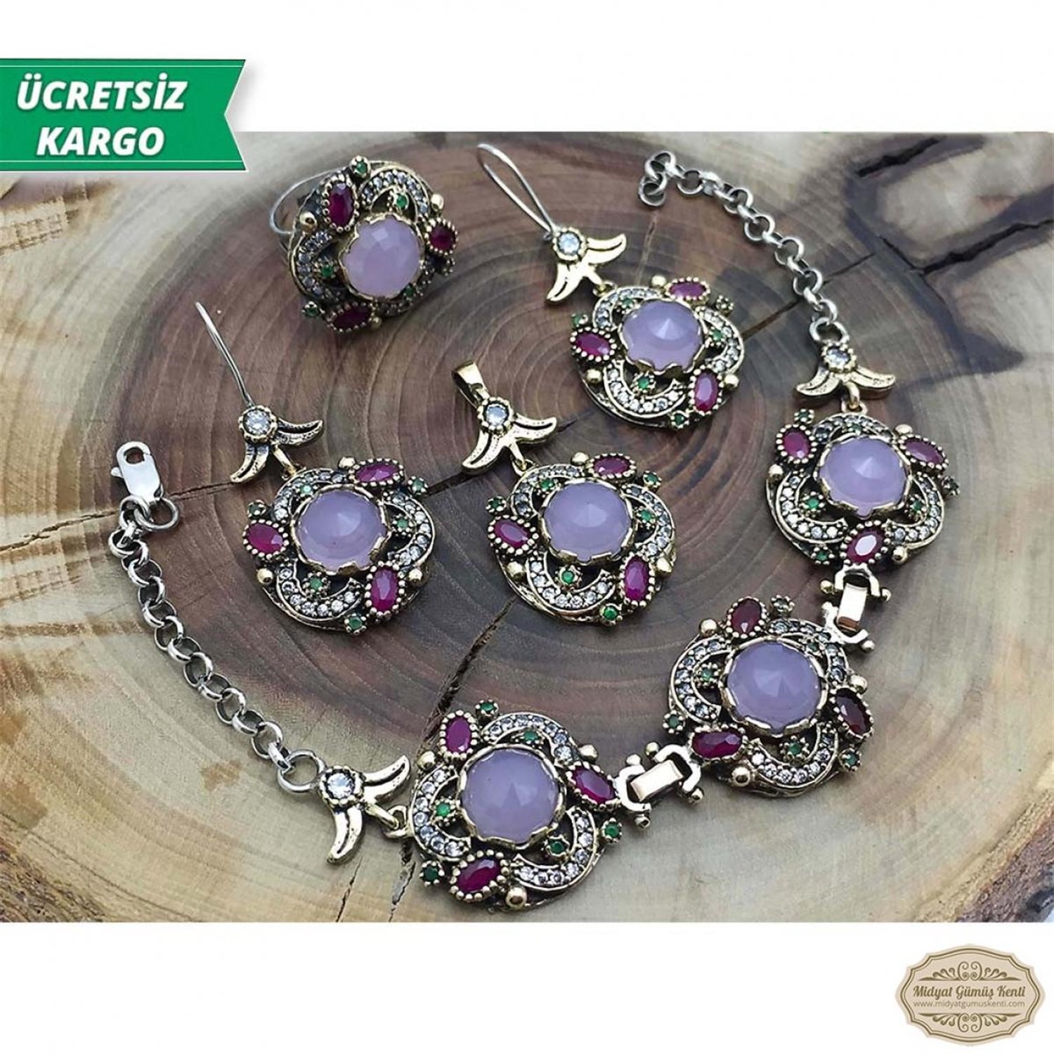 Pembe Kuvars Taşlı Lale Model 4'lü Otantik Gümüş Takı Seti